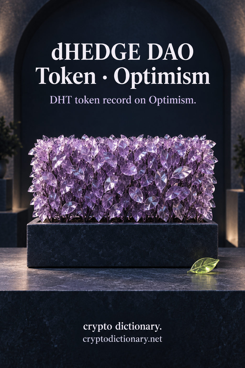Lilac glass botanical hedge in a plain navy stone planter for dHEDGE DAO Token registry record on Optimism.