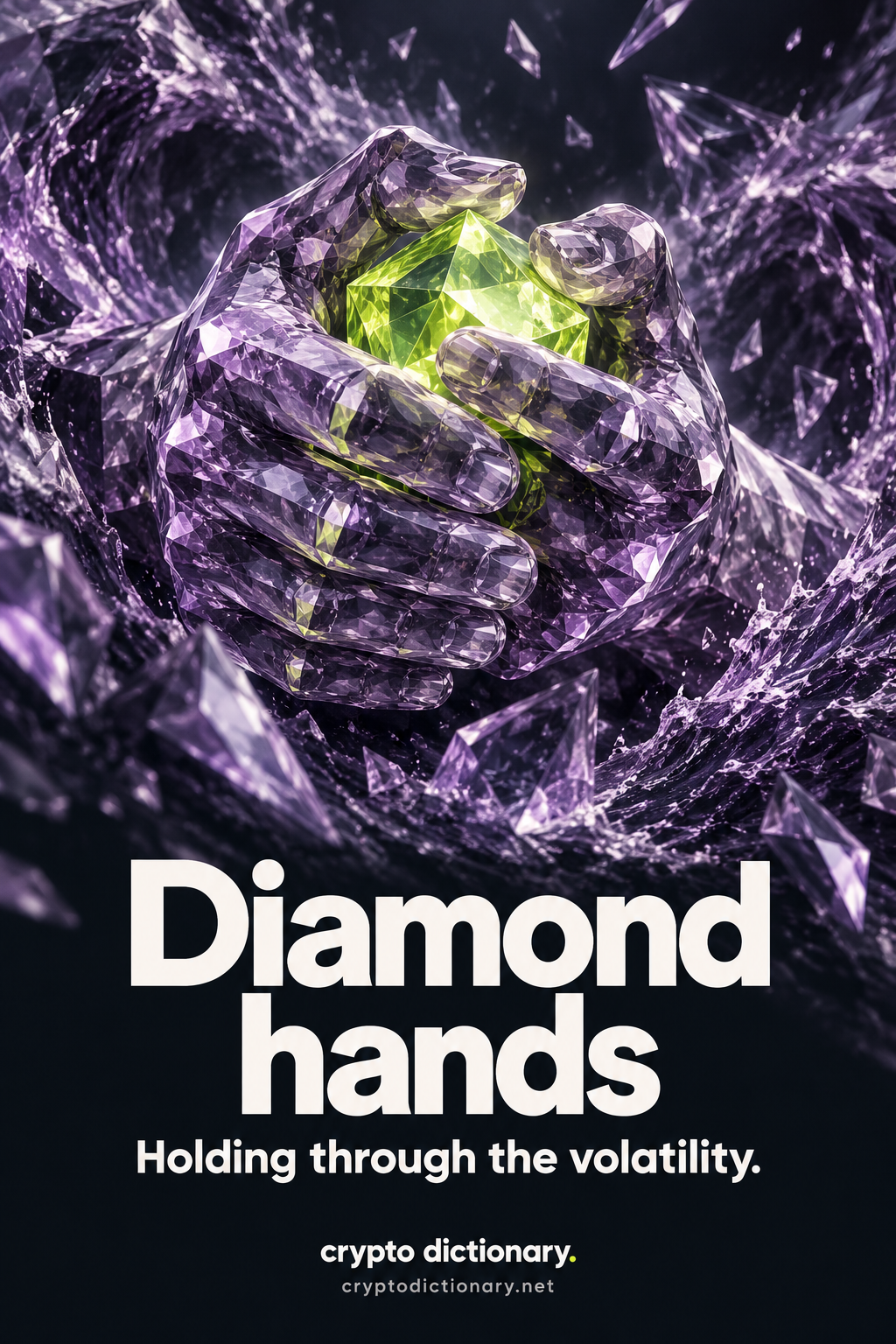 Diamond hands: faceted purple glass hands holding a luminous lime block amid turbulence. Text: Holding through the volatility.