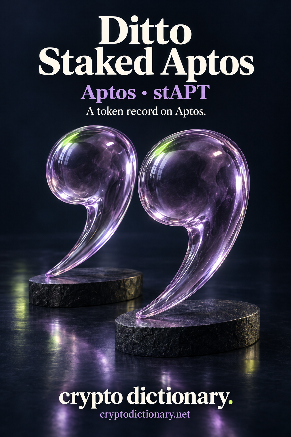 Two matching lilac glass comma sculptures stand on separate oval basalt plinths, labeled Ditto Staked Aptos, Aptos and stAPT.
