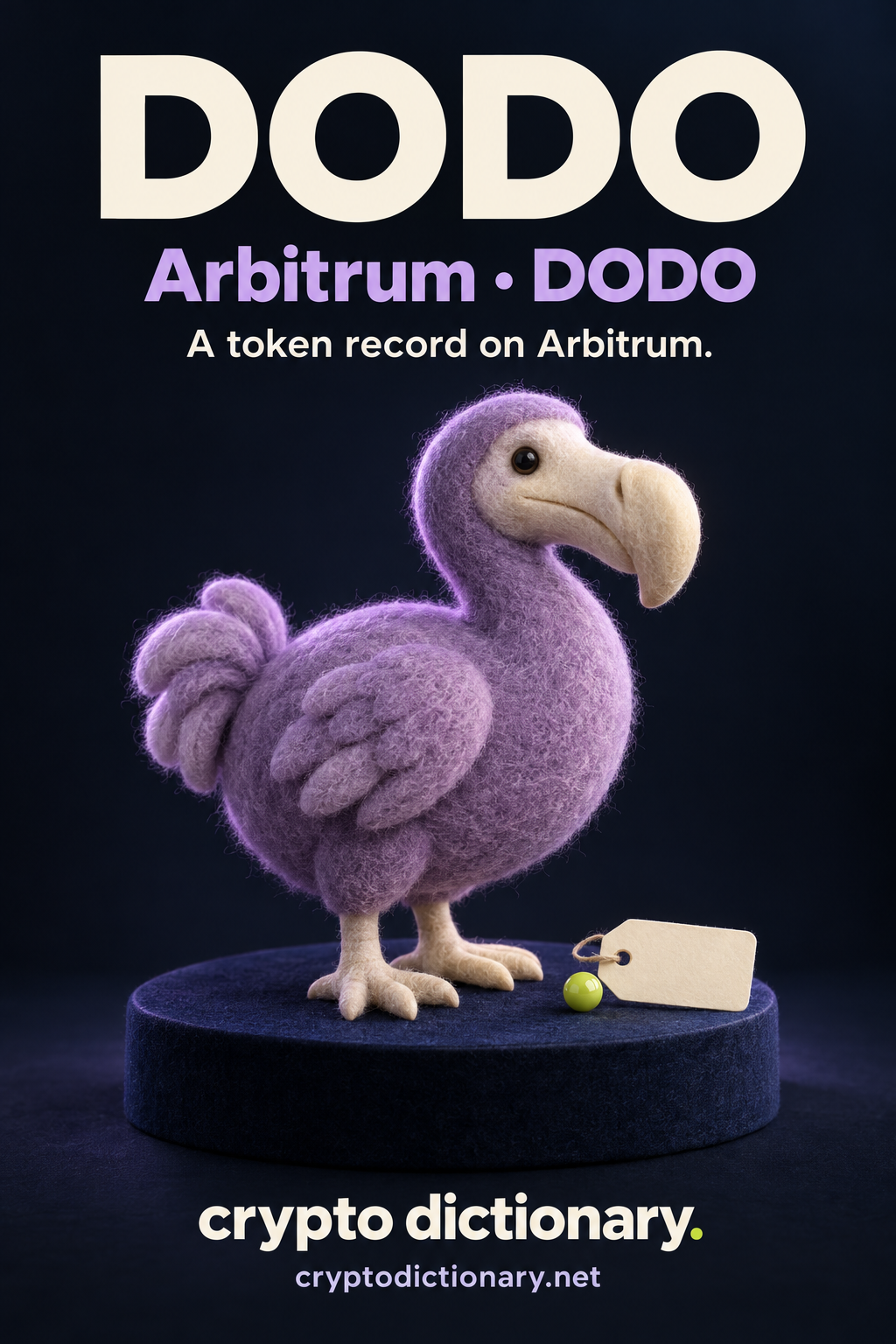DODO on Arbitrum, ticker DODO: an original lilac felt dodo bird with ivory beak and feet beside a blank registry tag and lime bead on a navy stand.