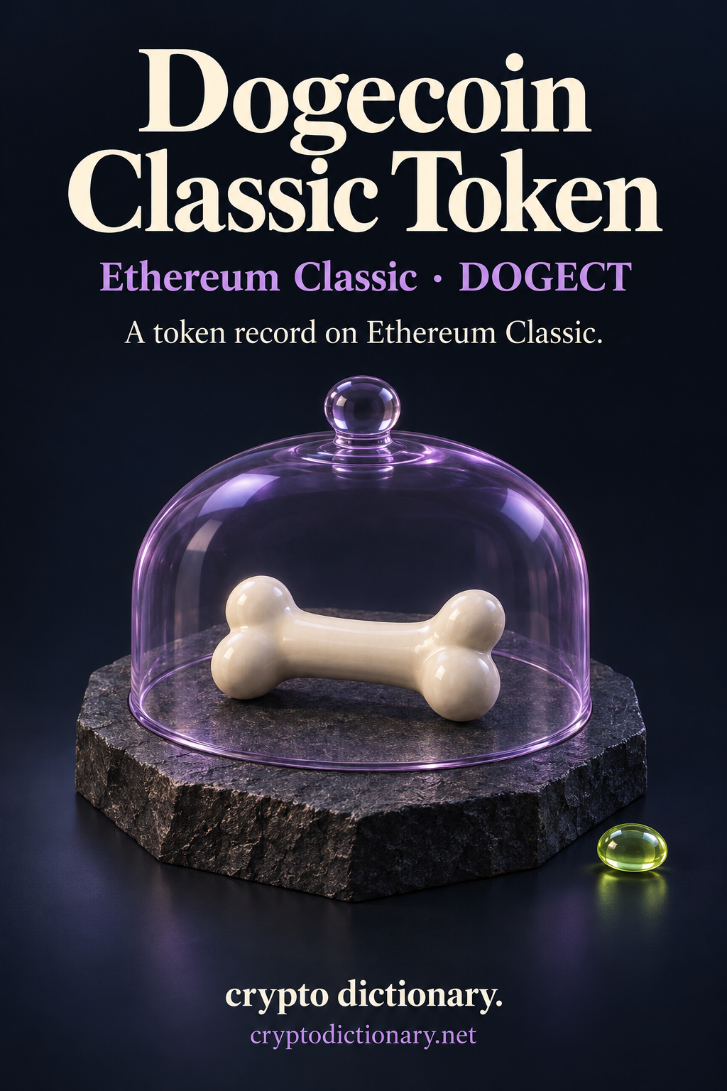 Dogecoin Classic Token record on Ethereum Classic, illustrated by a generic ivory ceramic dog-bone sculpture under a lilac glass display cloche.