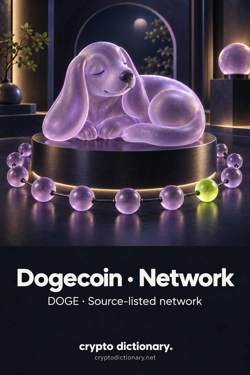 An original lilac glass long-eared dog resting on a plain plinth encircled by linked lilac network beads and one lime bead, above Dogecoin · Network and DOGE · Source-listed network.