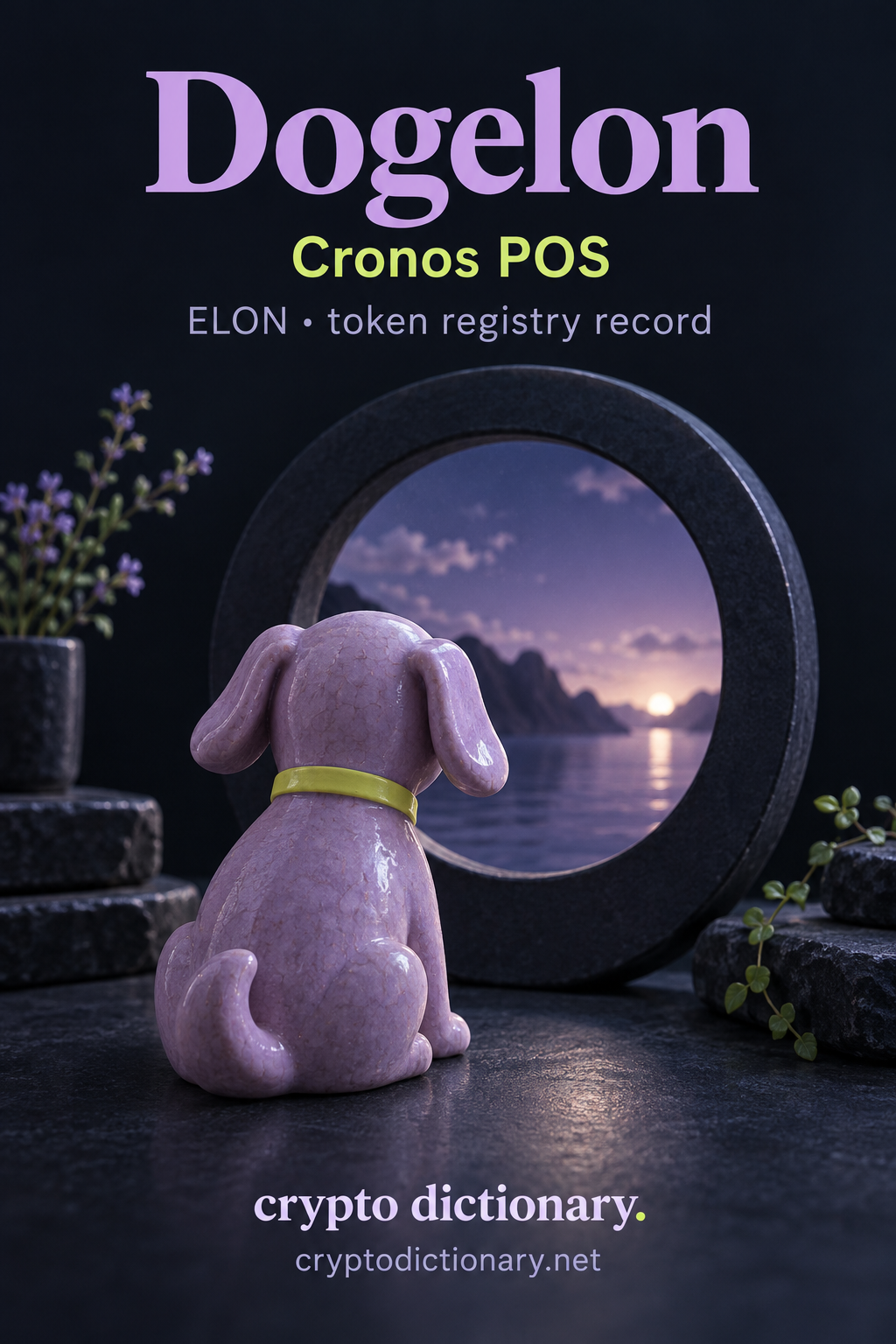Dogelon on Cronos POS: a lilac ceramic dog with a lime collar looking through a navy circular frame, illustrating the ELON registry record.