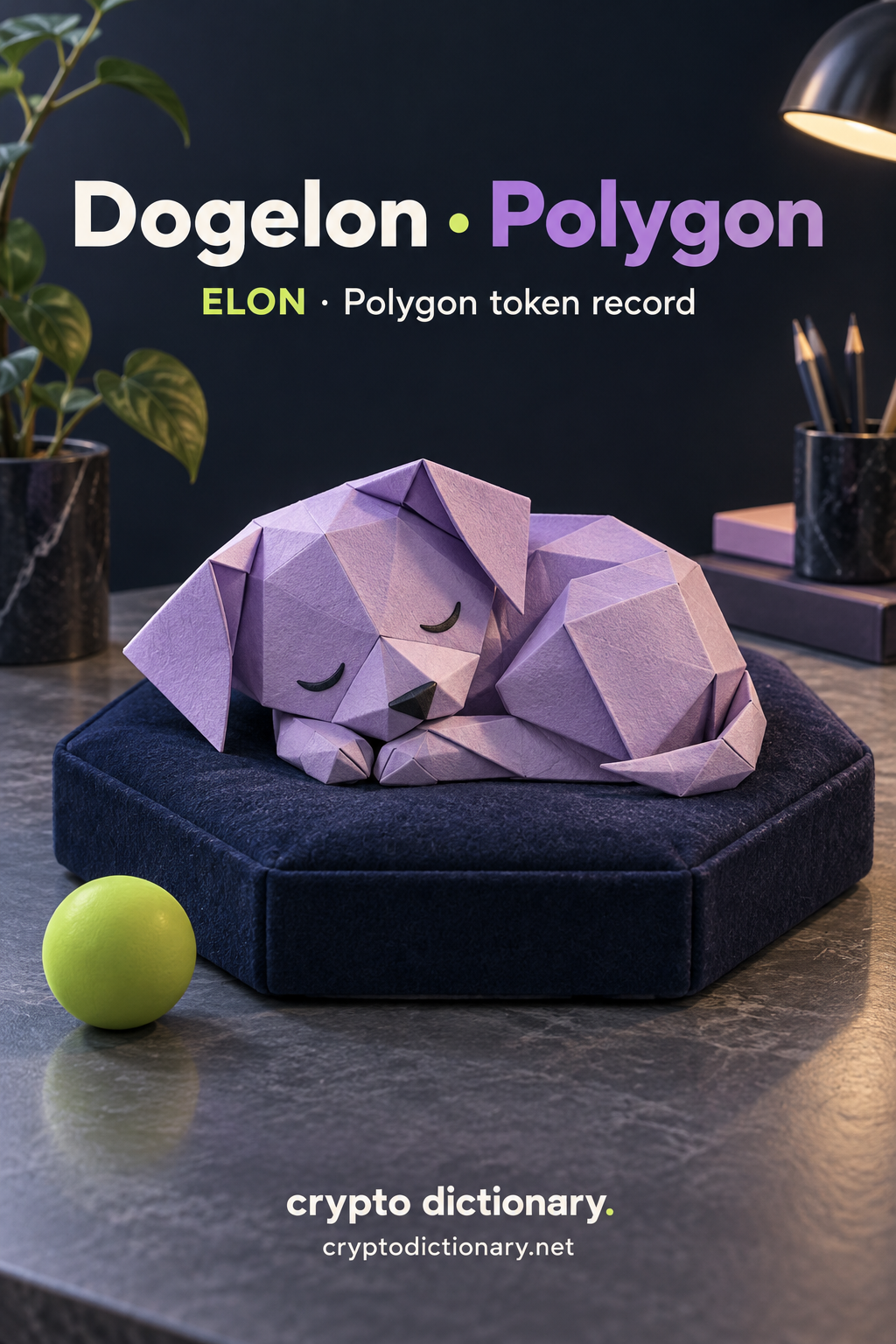 Sleeping lilac origami puppy on a hexagonal navy cushion with lime toy ball in a plain design studio; Dogelon · Polygon registry artwork.