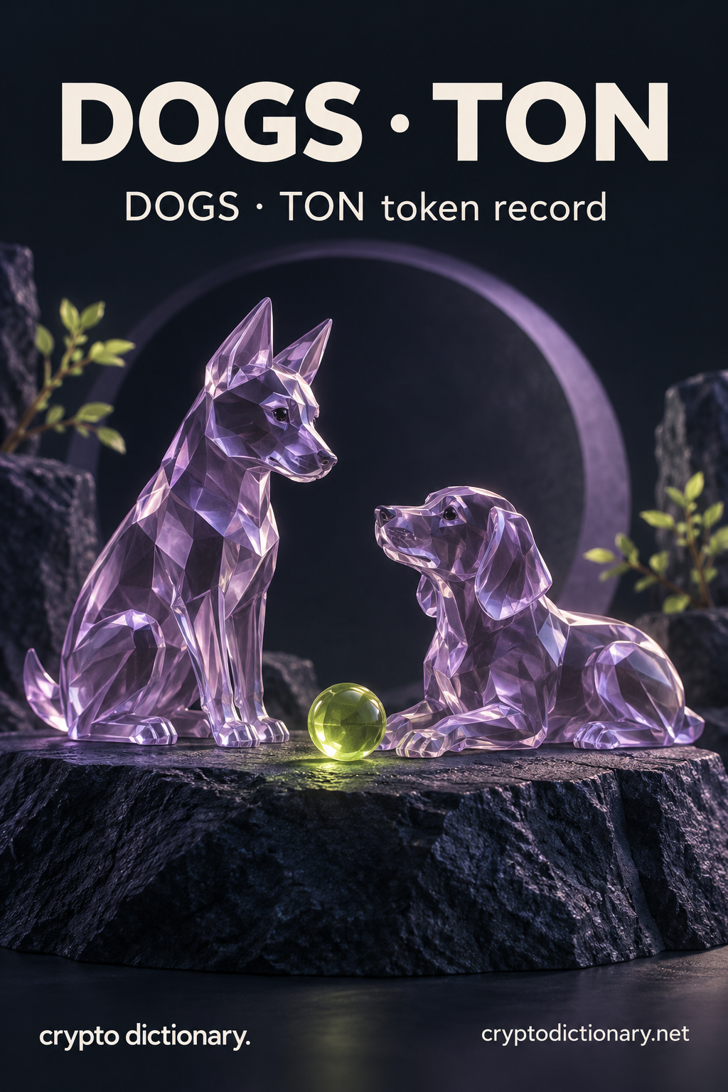 DOGS · TON — original lilac glass name-inspired sculpture with accurate DOGS token record caption.