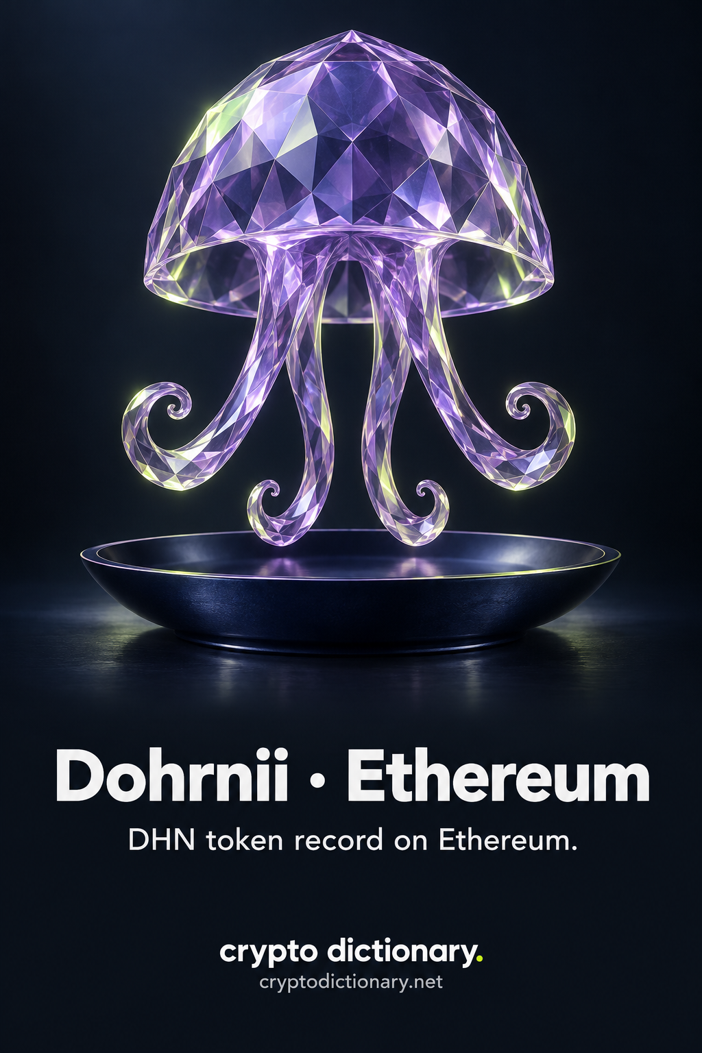Anonymous lilac glass bell dome with four curled tendrils over a blank navy saucer, with Dohrnii · Ethereum and DHN token caption.