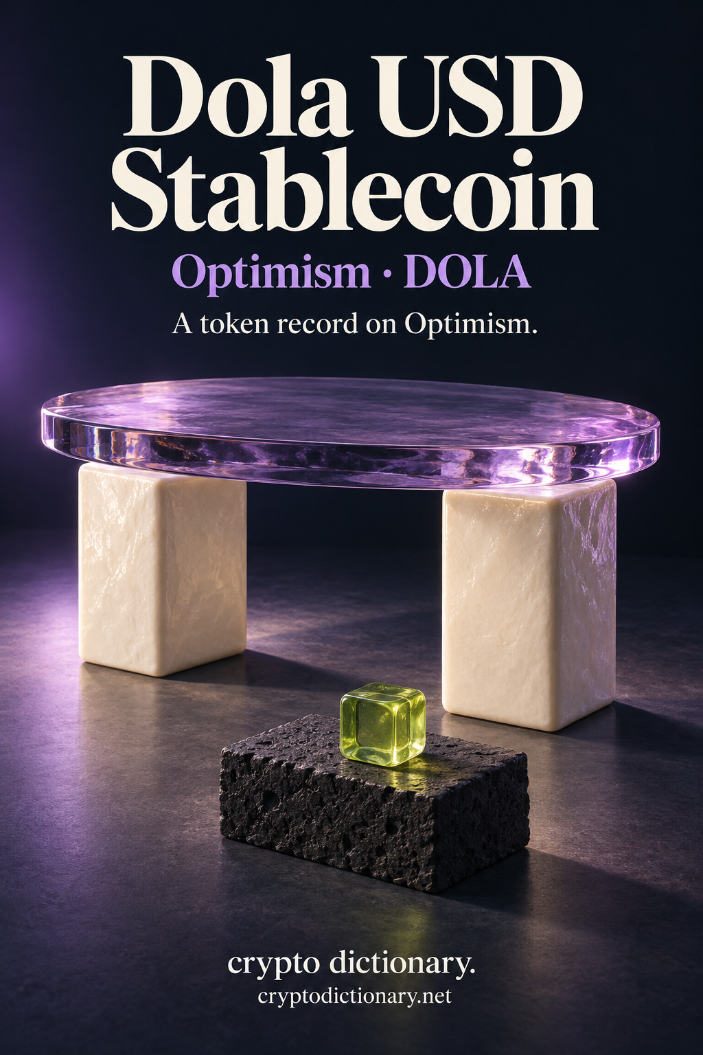 Dola USD Stablecoin token record on Optimism, illustrated by a lilac glass oval table on two ivory pillars and a lime cube on basalt.