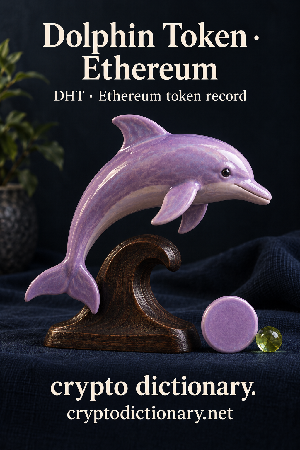 Lilac ceramic dolphin on wooden wave stand beside blank disc for Dolphin Token on Ethereum with DHT registry caption.