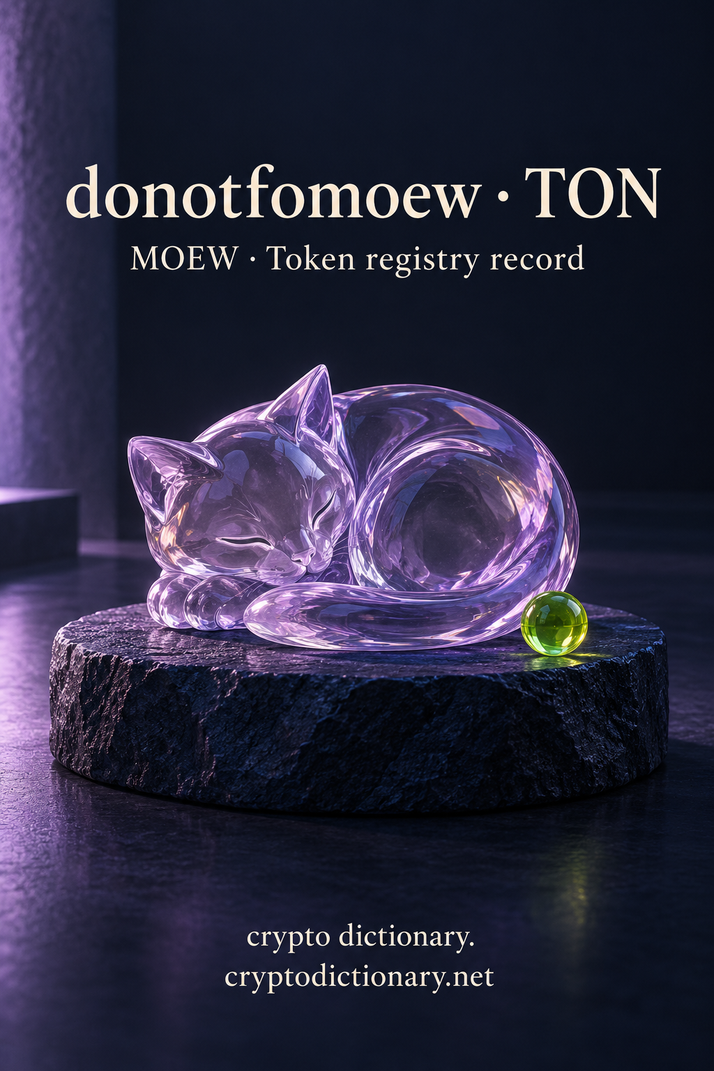 donotfomoew on TON illustrated by an original curled lilac glass cat sculpture on a low dark stone plinth beside a lime bead, with neutral MOEW registry caption.