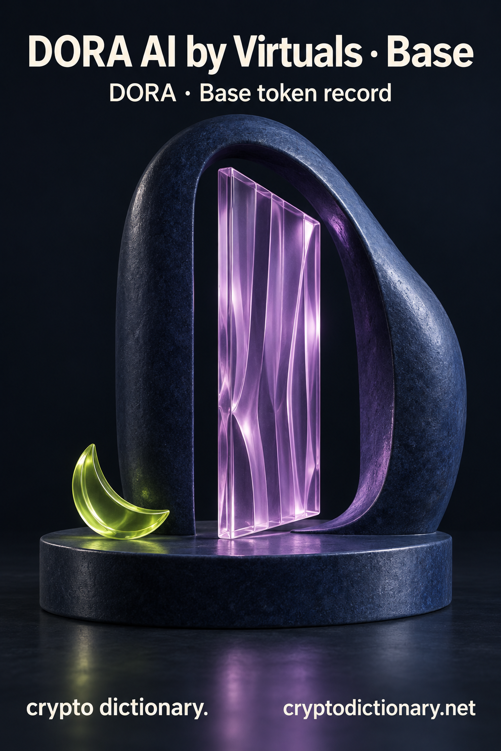 DORA AI by Virtuals · Base — original lilac glass name-inspired sculpture with accurate DORA token record caption.