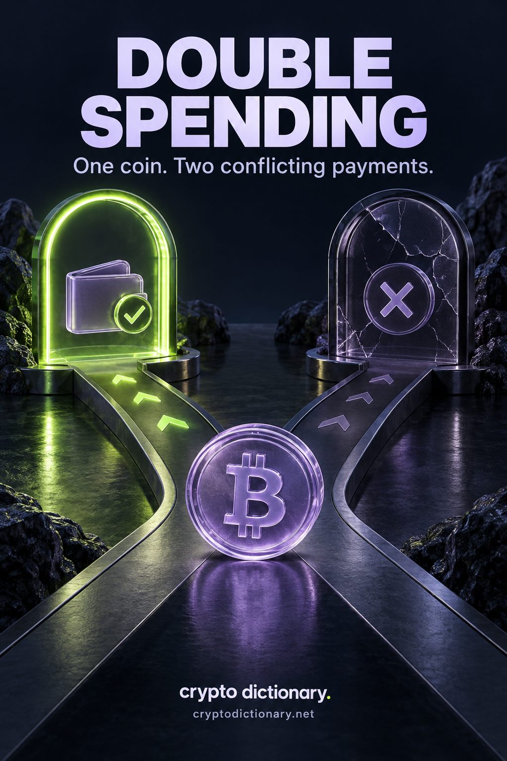 One lavender Bitcoin coin faces two conflicting transaction paths; a lime payment is accepted while the second path is blocked.