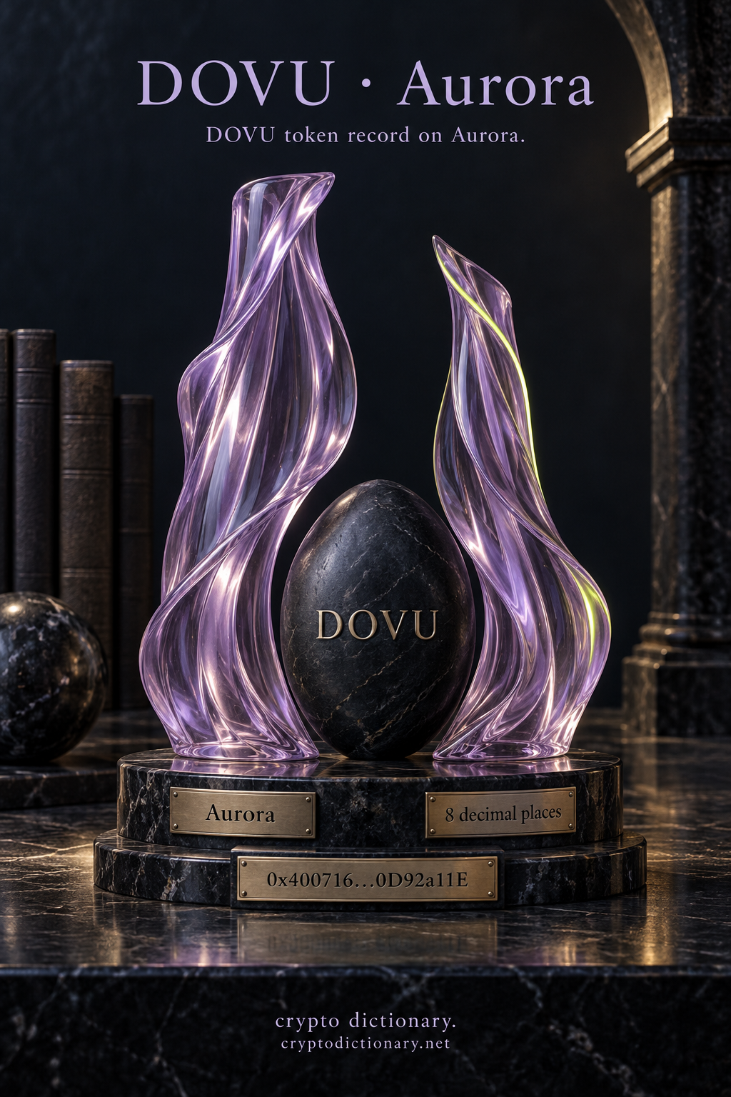 Original lilac glass aurora-like drapes framing a navy DOVU specimen, identifying its Aurora deployment with matching public contract and eight-decimal precision.
