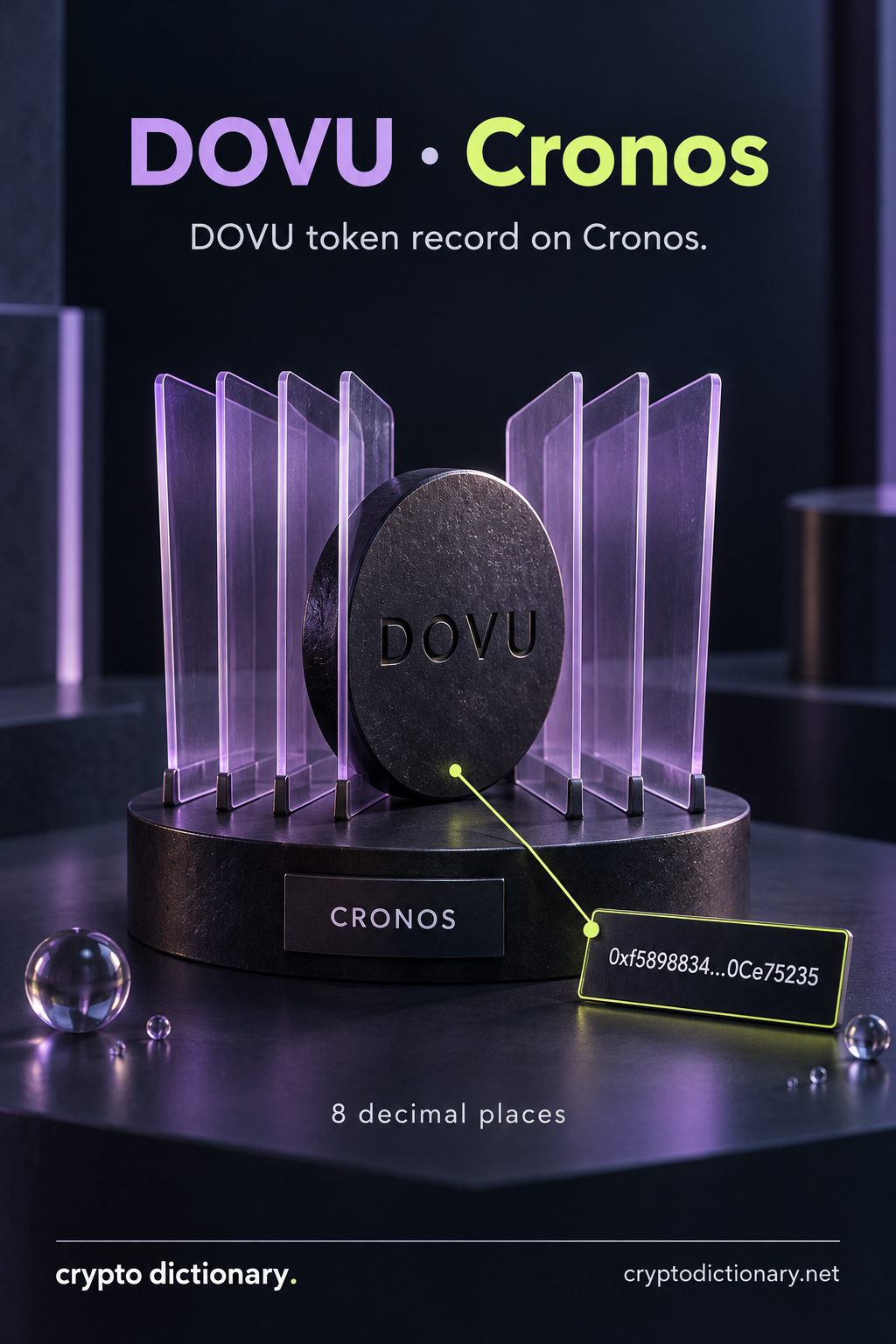 A DOVU specimen disk between lilac registry indexing blades with a Cronos plaque and abbreviated public contract tag.