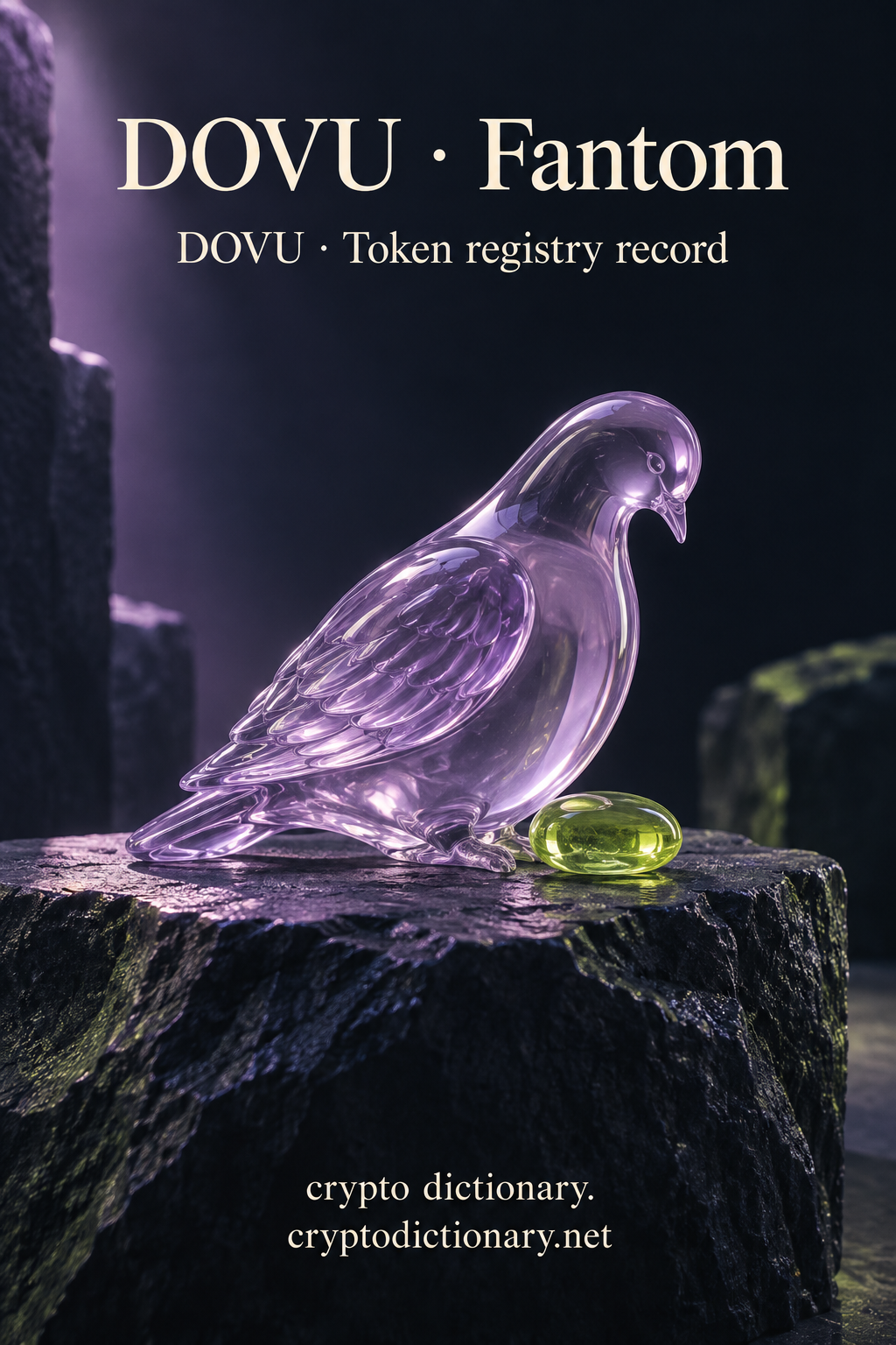 DOVU on Fantom illustrated by an original stationary lilac glass dove sculpture on a dark stone ledge beside a lime pebble, with neutral DOVU registry caption.