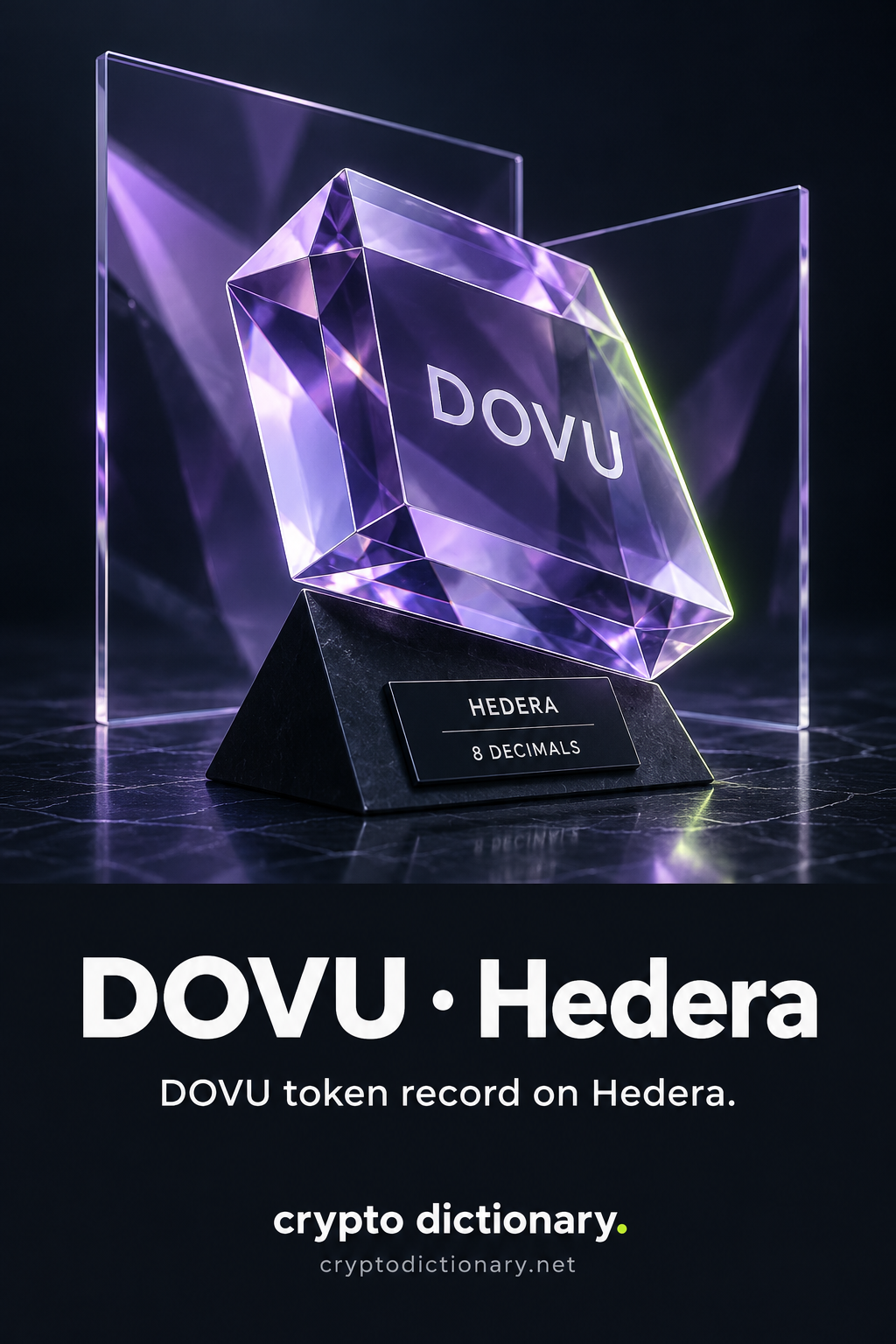 A tilted DOVU glass identity prism with plain optical layers and Hedera and 8 decimals catalogue labels.