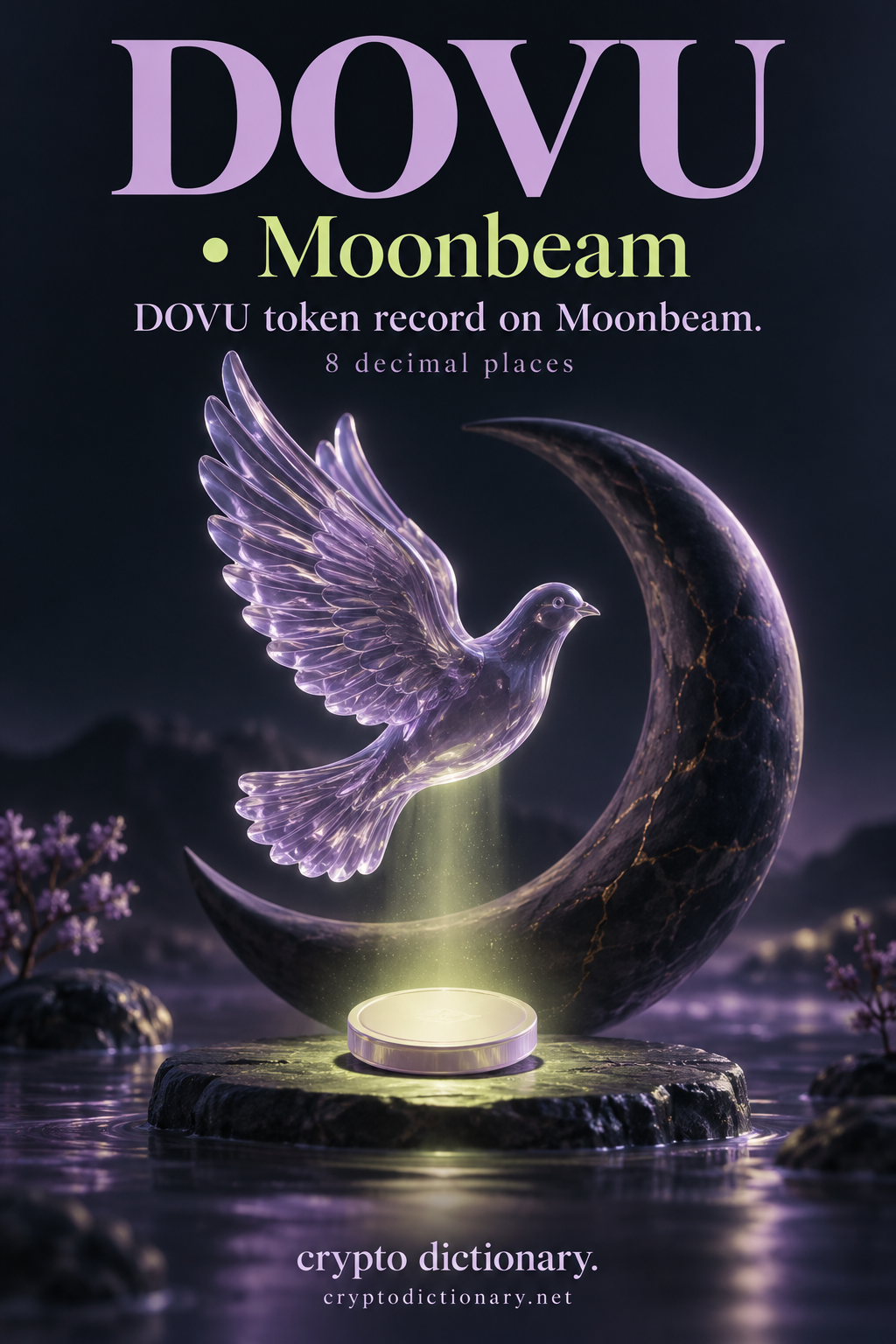 Lilac glass dove above a curved moon and lime light beam, illustrating DOVU on Moonbeam.
