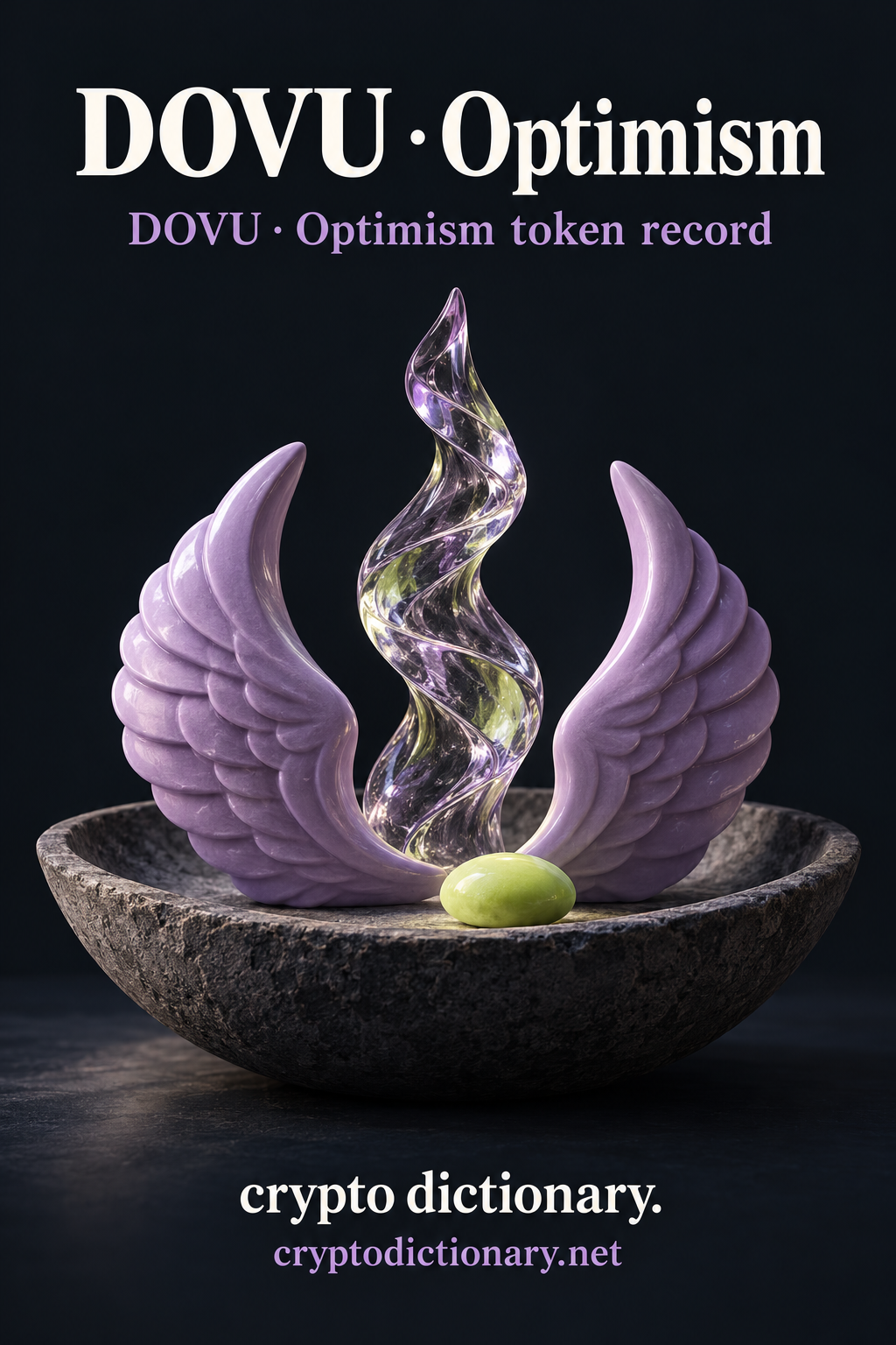 Two lilac ceramic feather forms frame a glass spiral in a stone bowl beneath DOVU · Optimism.