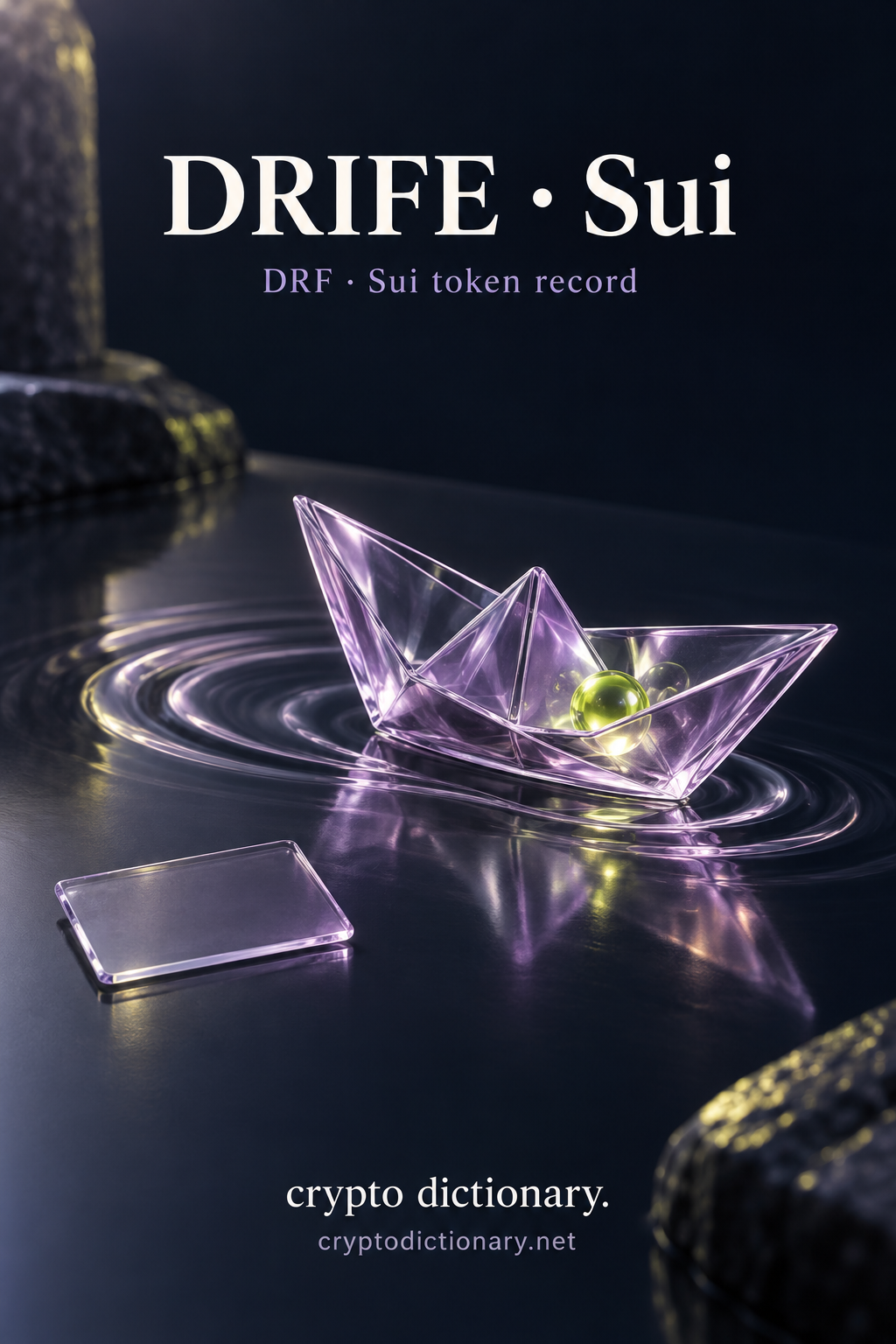 Lilac glass folded boat containing a lime bead on sculptural ripple rings with a plain glass archival card.