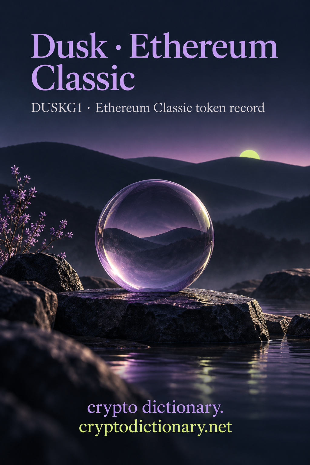 Dusk · Ethereum Classic — original navy, lilac and lime sculptural token-registry illustration.