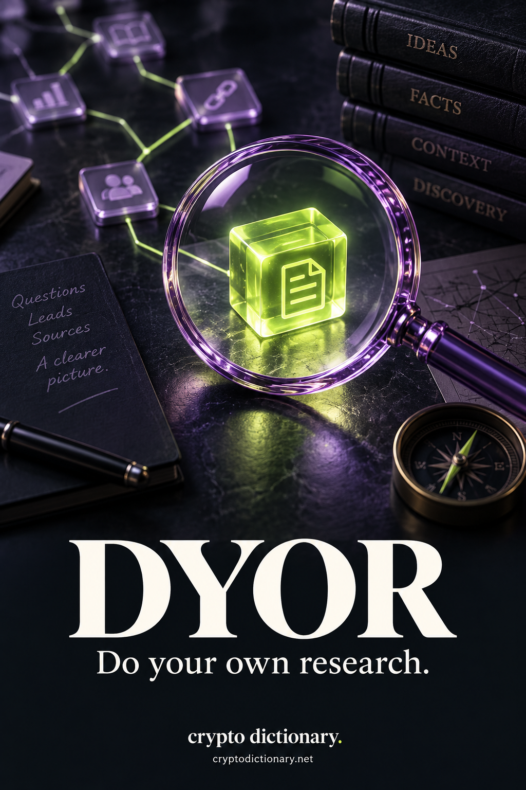 DYOR — Do your own research. Original purple glass and lime illustration for Crypto Dictionary.