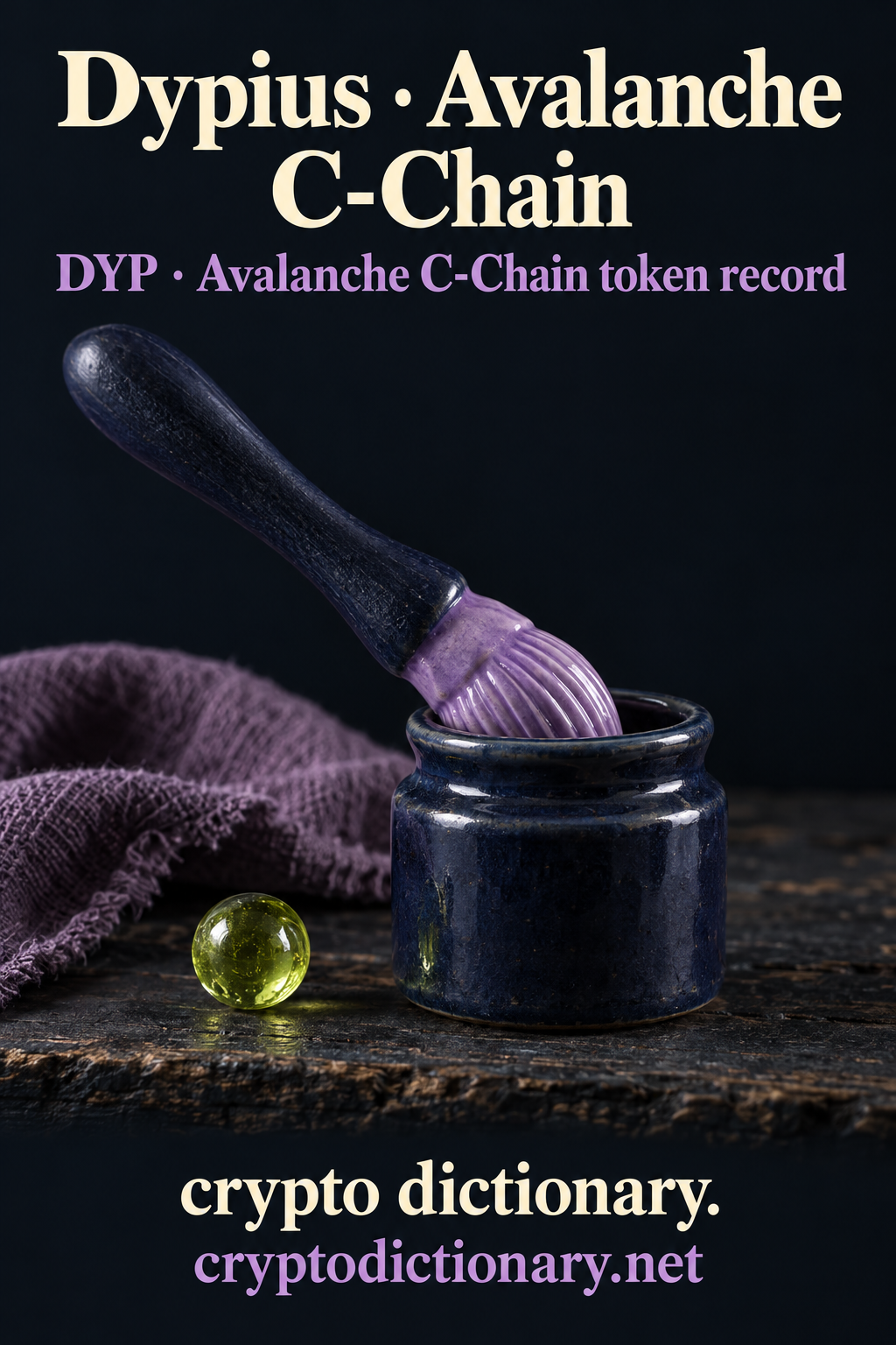 Lilac ceramic paintbrush dipping into a navy jar for Dypius on Avalanche C-Chain, with exact DYP registry caption.