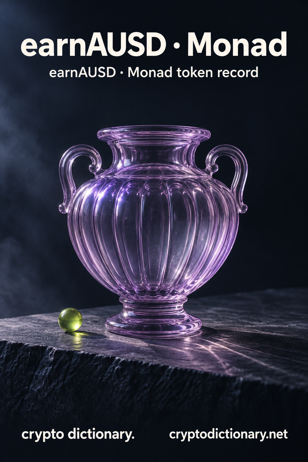 earnAUSD · Monad — original lilac glass name-inspired sculpture with accurate token record caption.