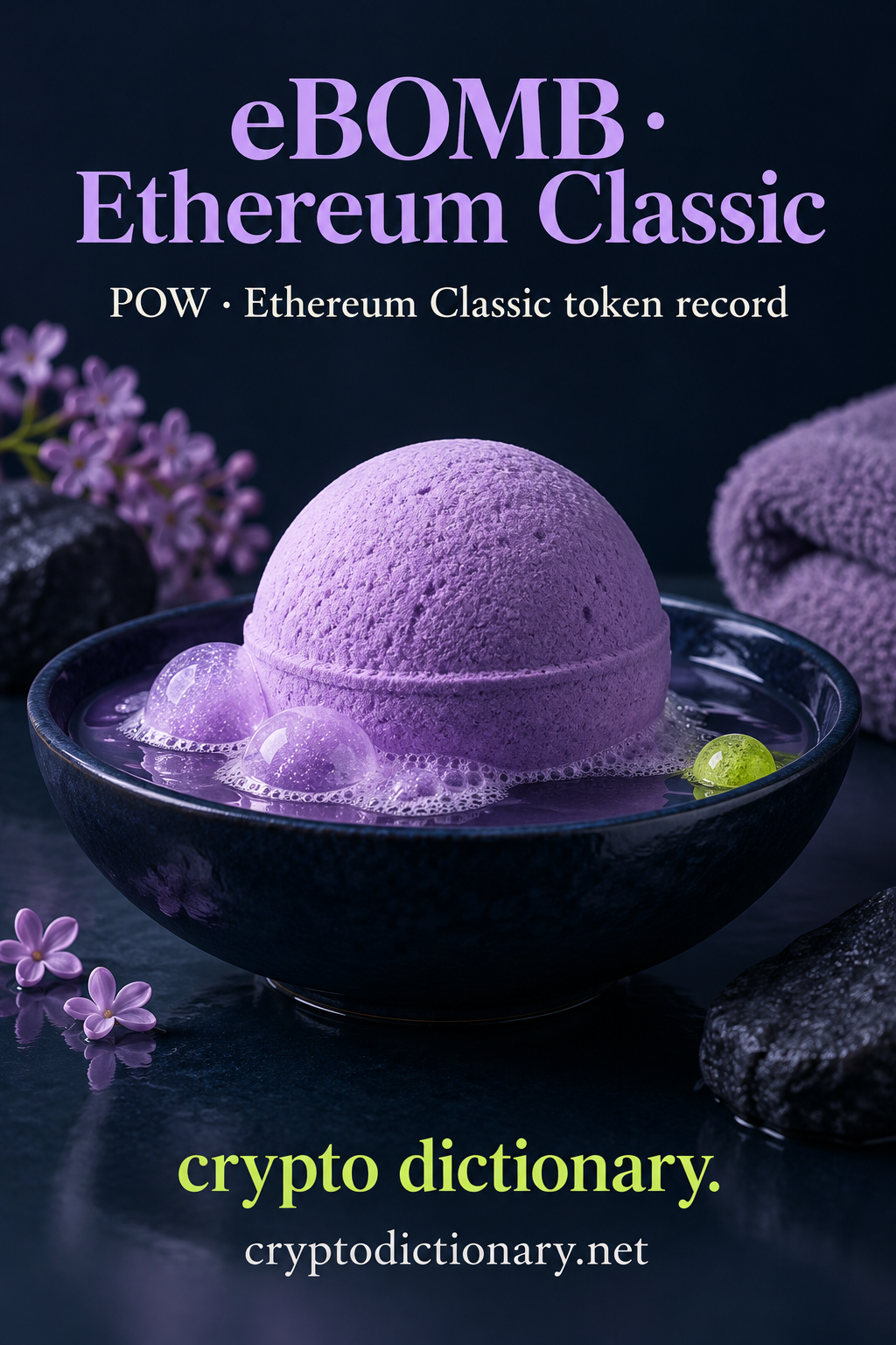 eBOMB · Ethereum Classic — original navy, lilac and lime sculptural token-registry illustration.