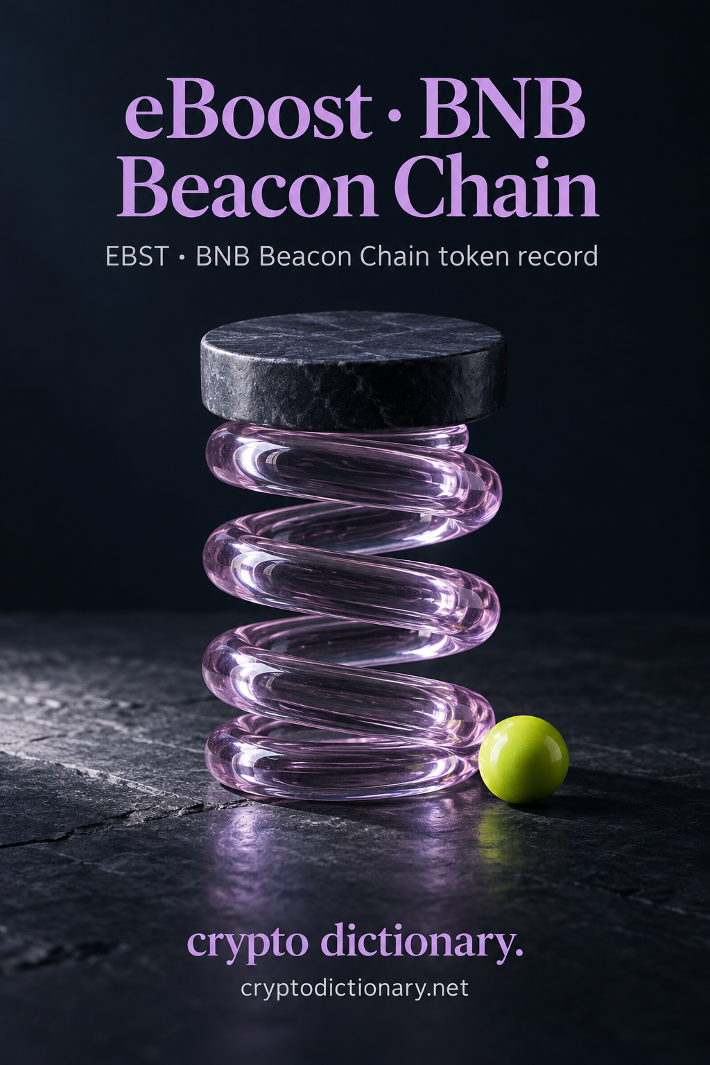 eBoost · BNB Beacon Chain — original navy, lilac and lime sculptural token-registry illustration.