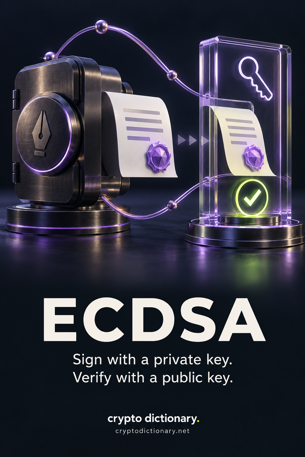 ECDSA: a closed signer attaches a signature seal to a readable document, then a separate public-key verifier checks it without seeing private key material.