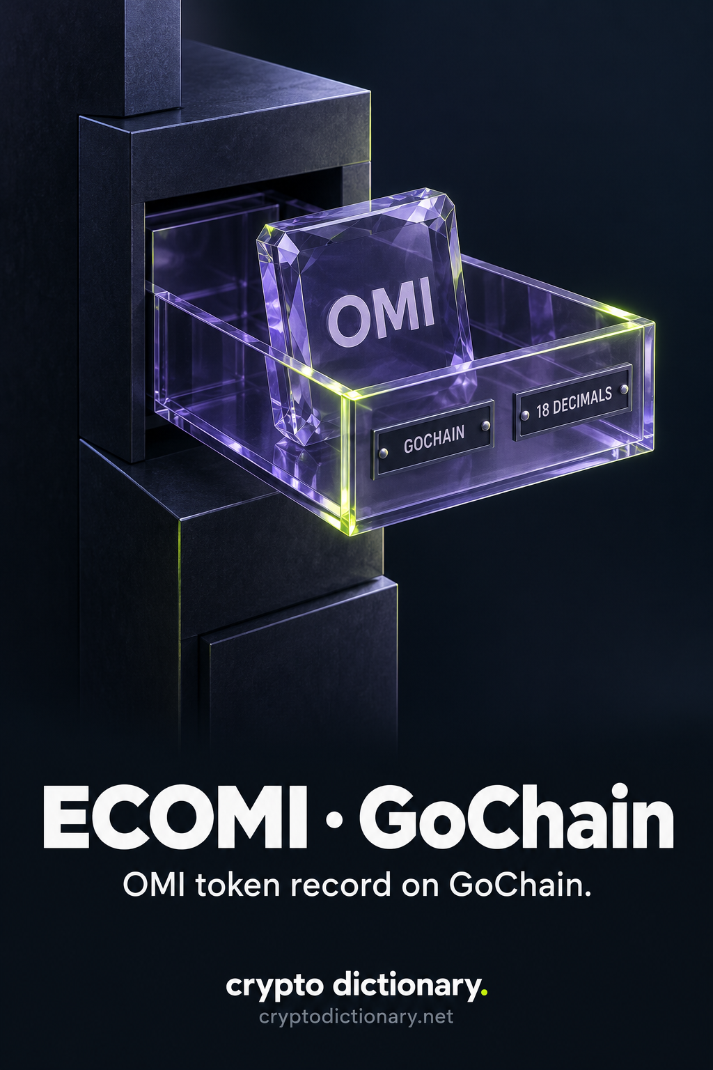An OMI-labelled glass identity tile in a pulled catalogue drawer marked GoChain and 18 decimals.