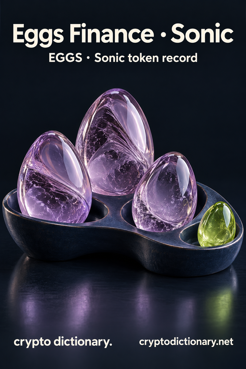 Eggs Finance · Sonic — original lilac glass name-inspired sculpture with accurate EGGS token record caption.