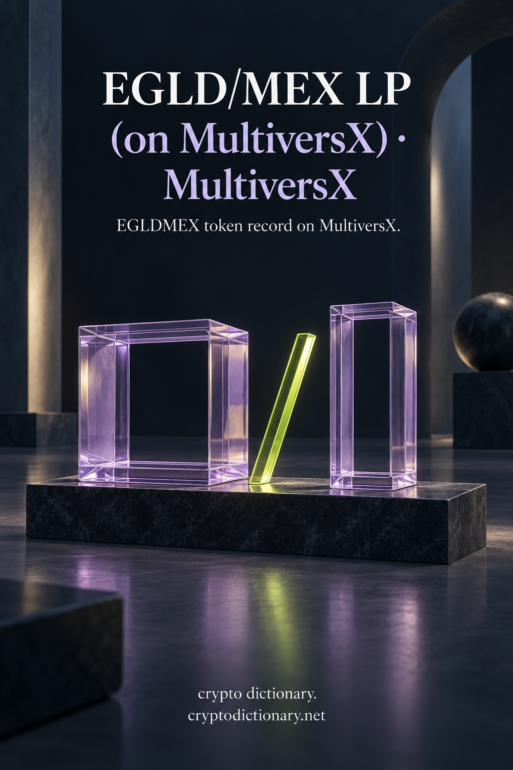 Two hollow lilac glass cuboids separated by a lime slash for EGLD/MEX LP on MultiversX token registry entry.