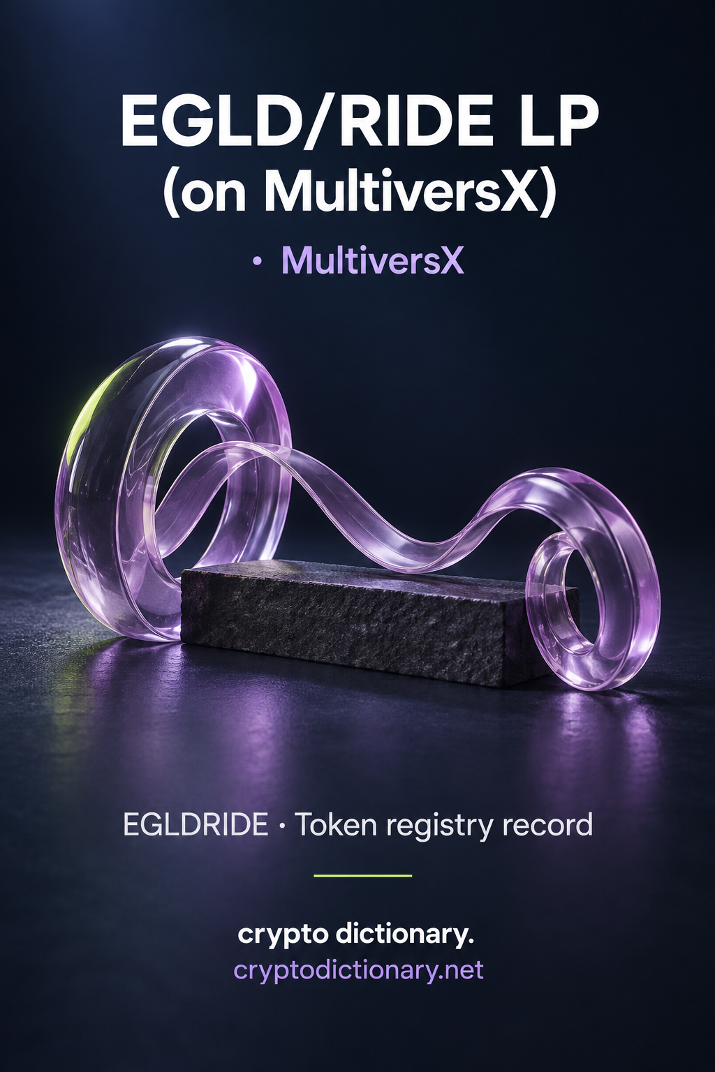 EGLD/RIDE LP (on MultiversX) · MultiversX registry artwork with two lilac glass wheels, curved ribbon and dark plank, plus EGLDRIDE caption.