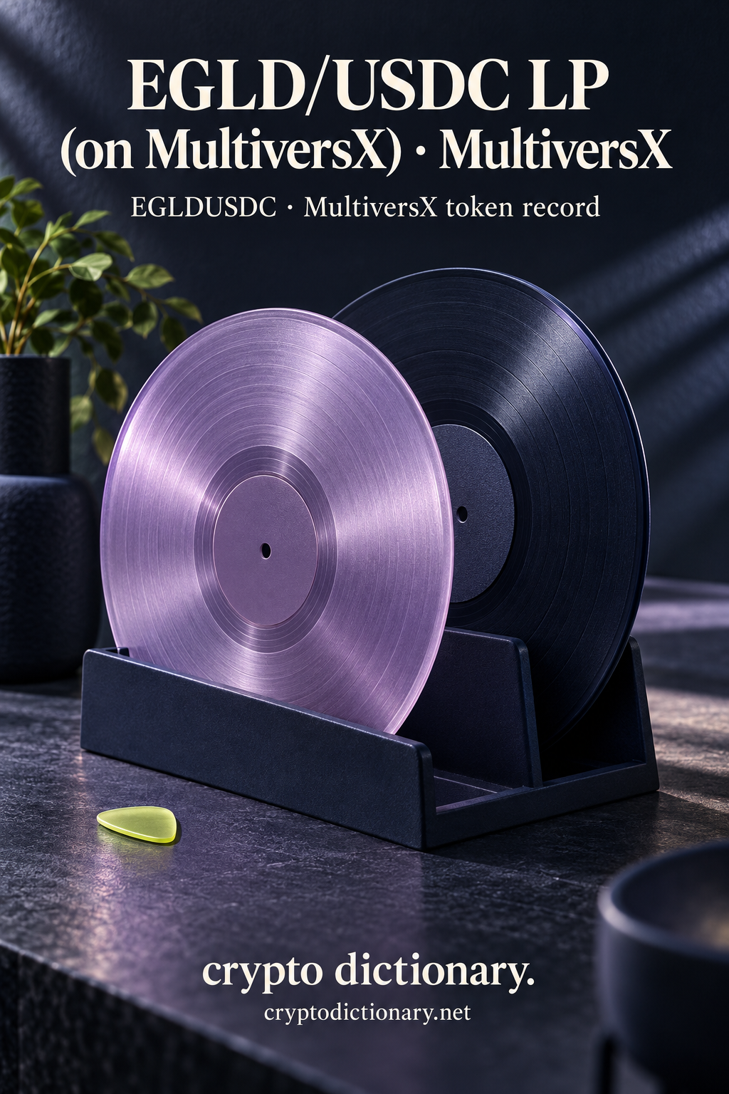 Lilac and navy grooved vinyl-like sculpture disks in an unlettered record rack beside a lime pick; EGLD/USDC LP (on MultiversX) · MultiversX registry artwork.