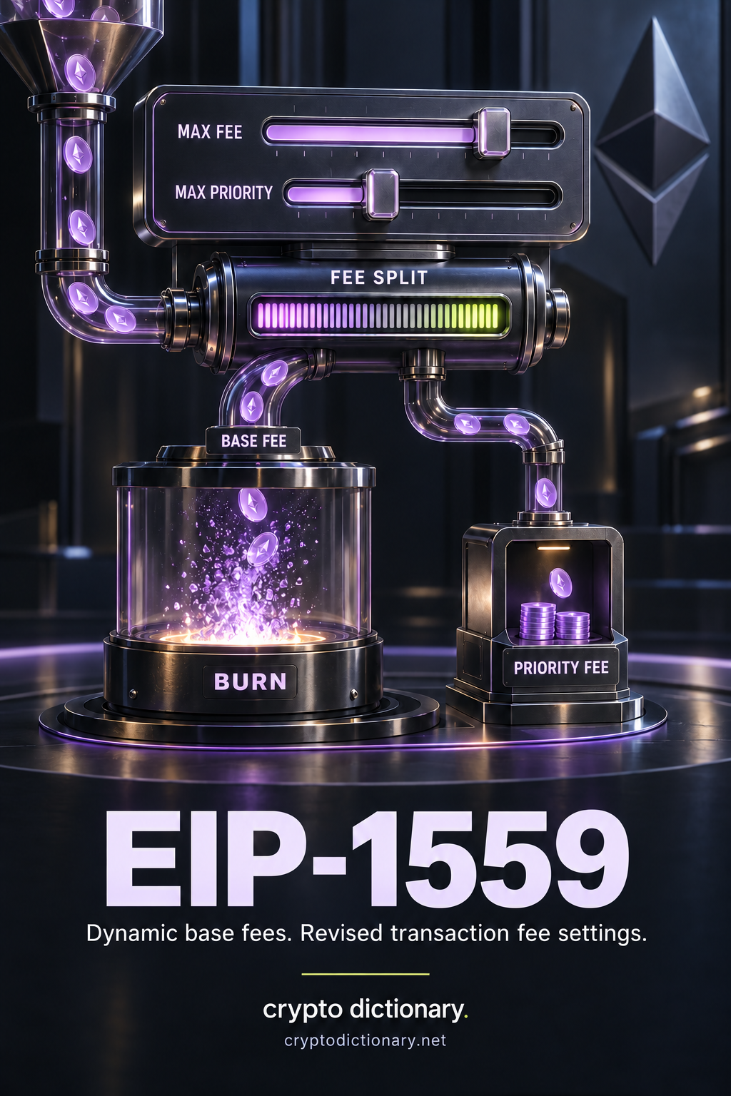 MAX FEE and MAX PRIORITY controls sit above a FEE SPLIT; the BASE FEE branch feeds a BURN chamber while the separate PRIORITY FEE branch feeds a receiver.