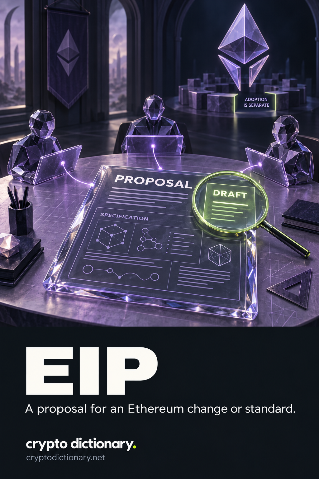 A glass Ethereum proposal document displays its specification and draft status while three anonymous participants discuss it; a separate network sculpture reminds readers that adoption is separate.