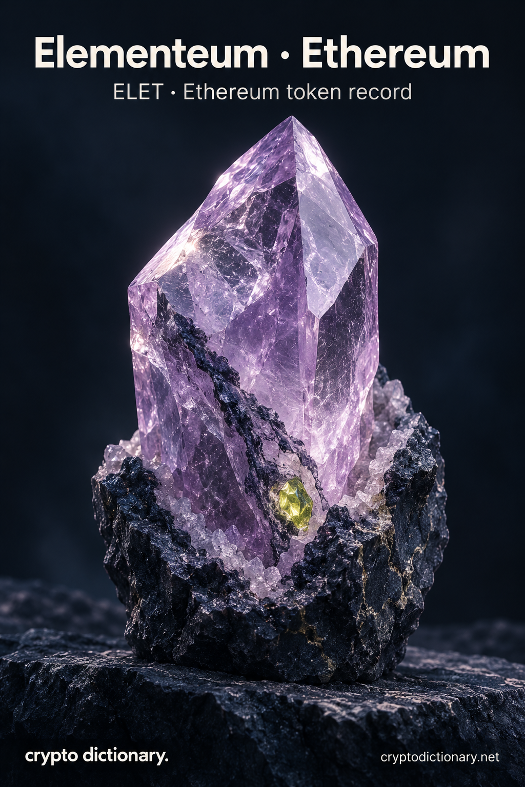 Elementeum · Ethereum — original lilac glass name-inspired sculpture with accurate ELET token record caption.
