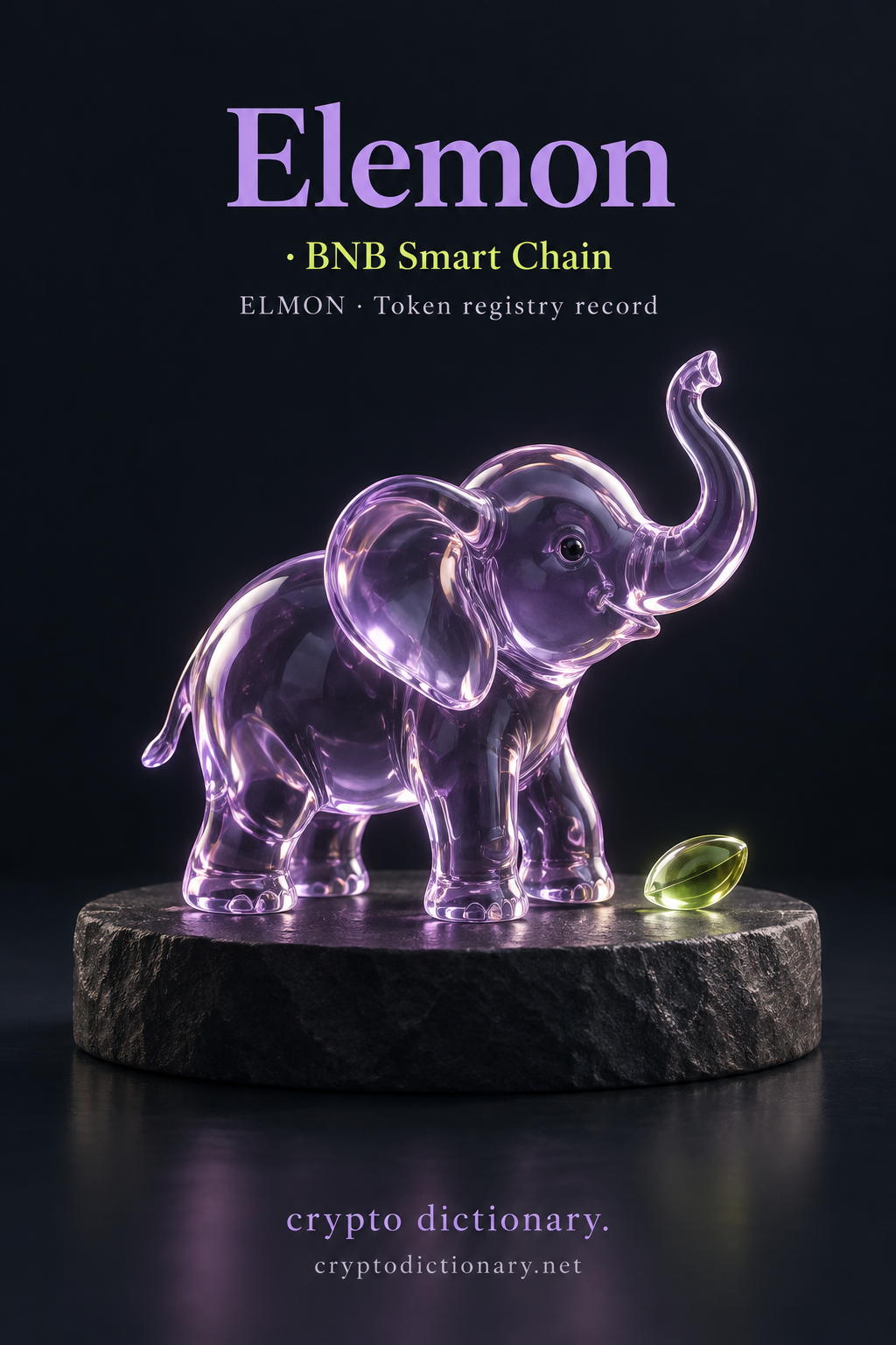 Elemon · BNB Smart Chain token registry artwork with an anonymous lilac glass elephant on a plain charcoal pedestal and a detached lime seed.