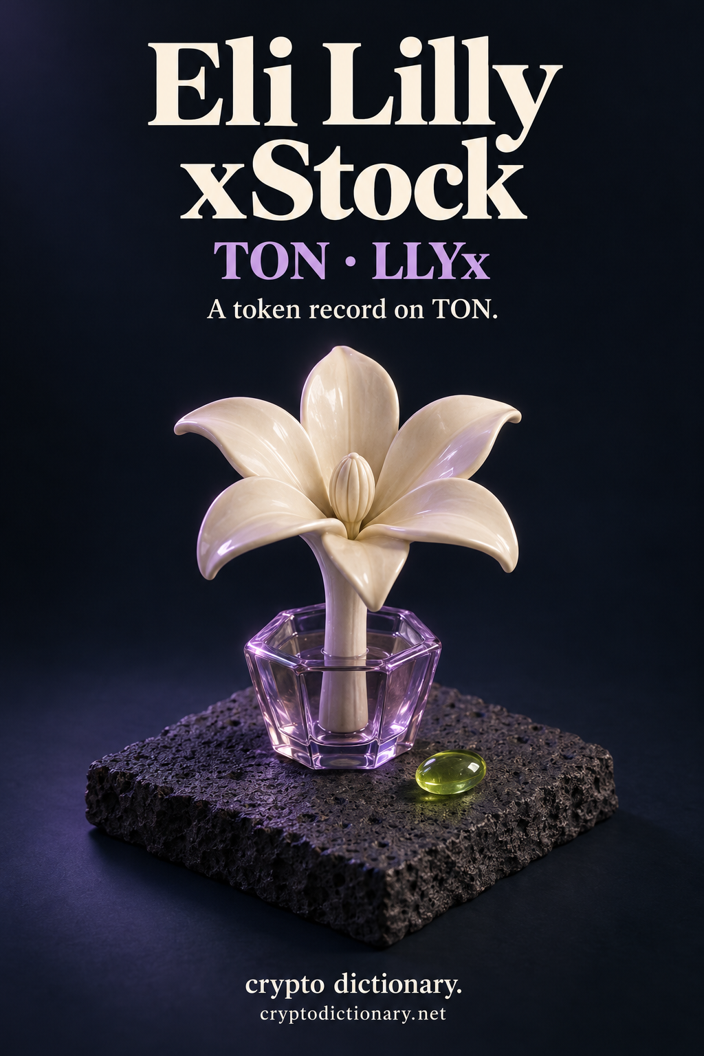 Eli Lilly xStock token record on TON, illustrated by an original ivory ceramic six-petal flower in a lilac glass hexagonal vase.