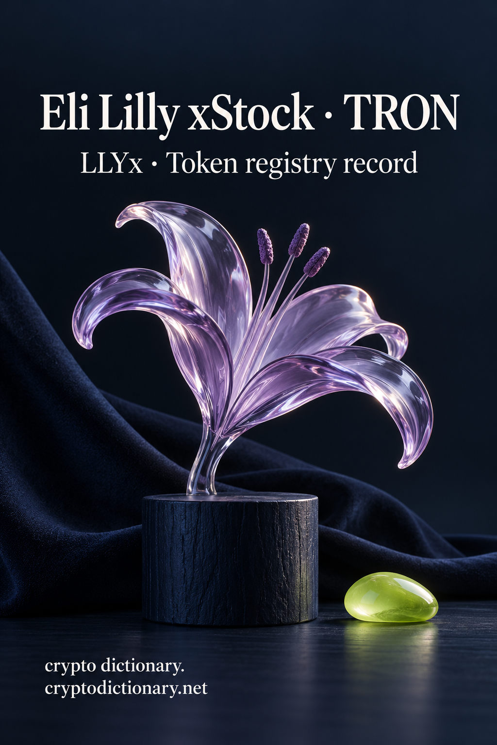 Eli Lilly xStock on TRON: an anonymous translucent lilac lily sculpture on navy wood, beside fabric and a lime pebble.