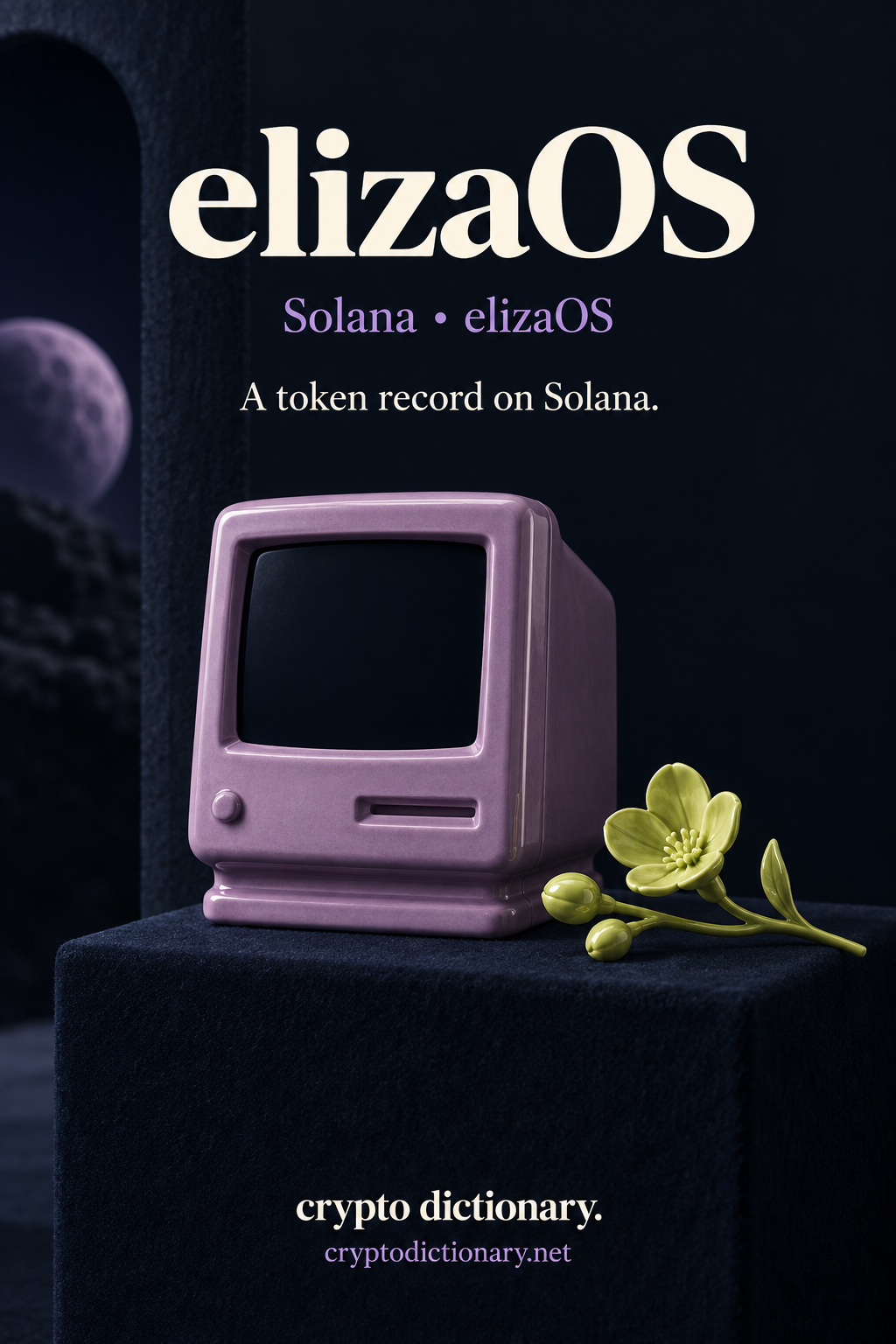 elizaOS token registry illustration on Solana with an original lilac retro terminal sculpture, blank dark screen and lime flower sprig.