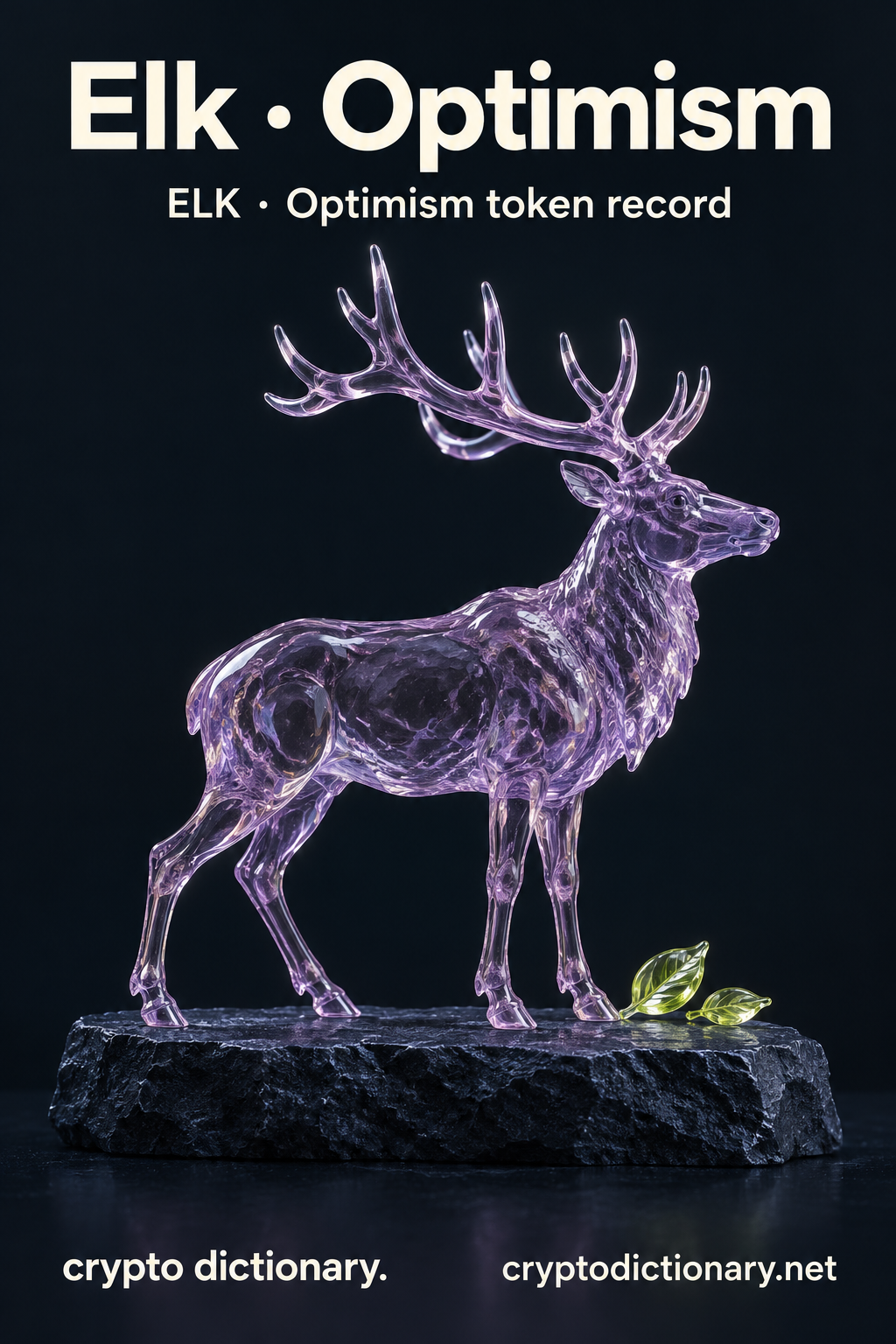Elk · Optimism — original lilac glass name-inspired sculpture with accurate ELK token record caption.