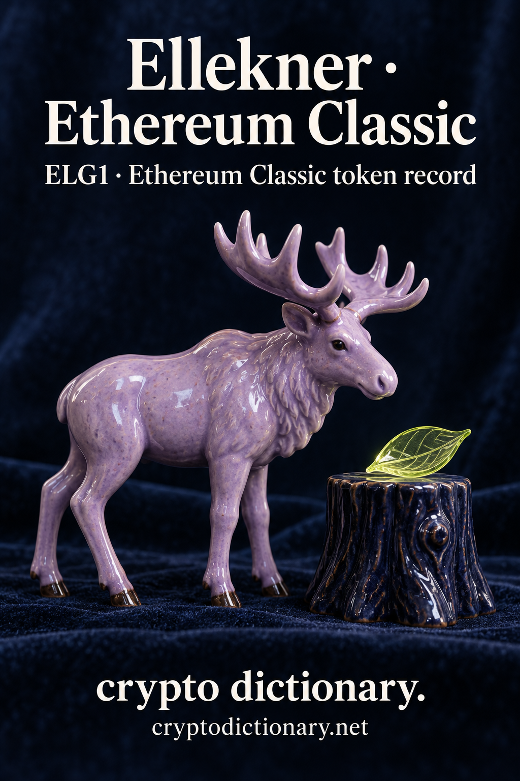 A lilac ceramic elk stands beside a navy tree stump holding a lime glass leaf; Ellekner · Ethereum Classic token registry artwork.