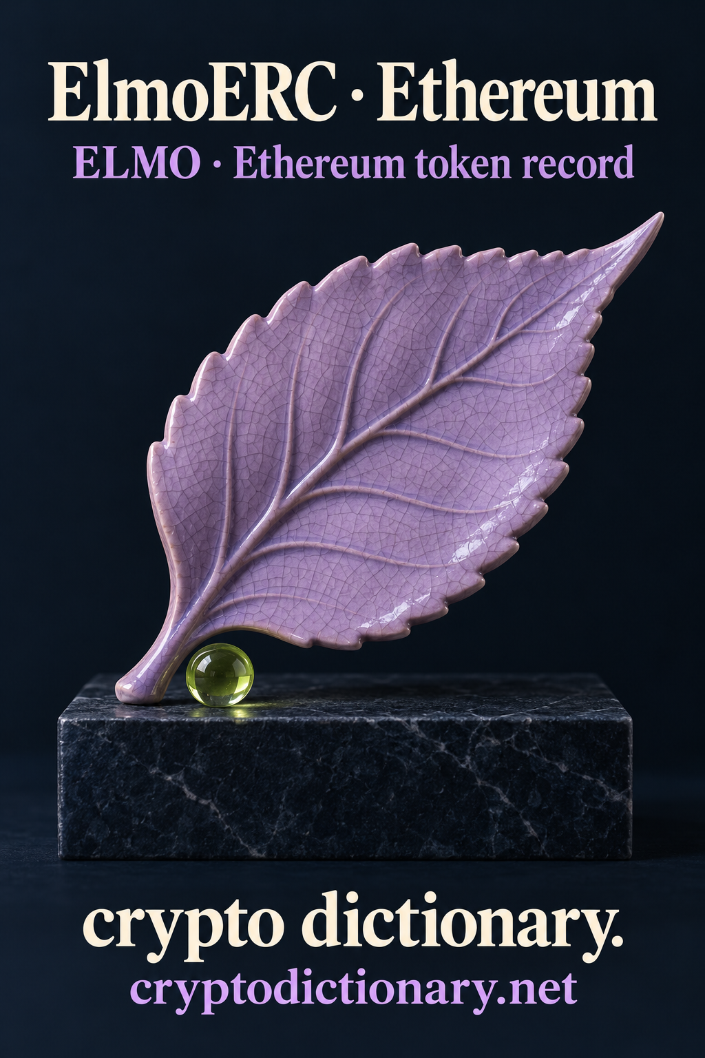 A lilac ceramic elm-leaf sculpture with raised veins and serrated edge on navy stone beside a lime bead, beneath ElmoERC · Ethereum.
