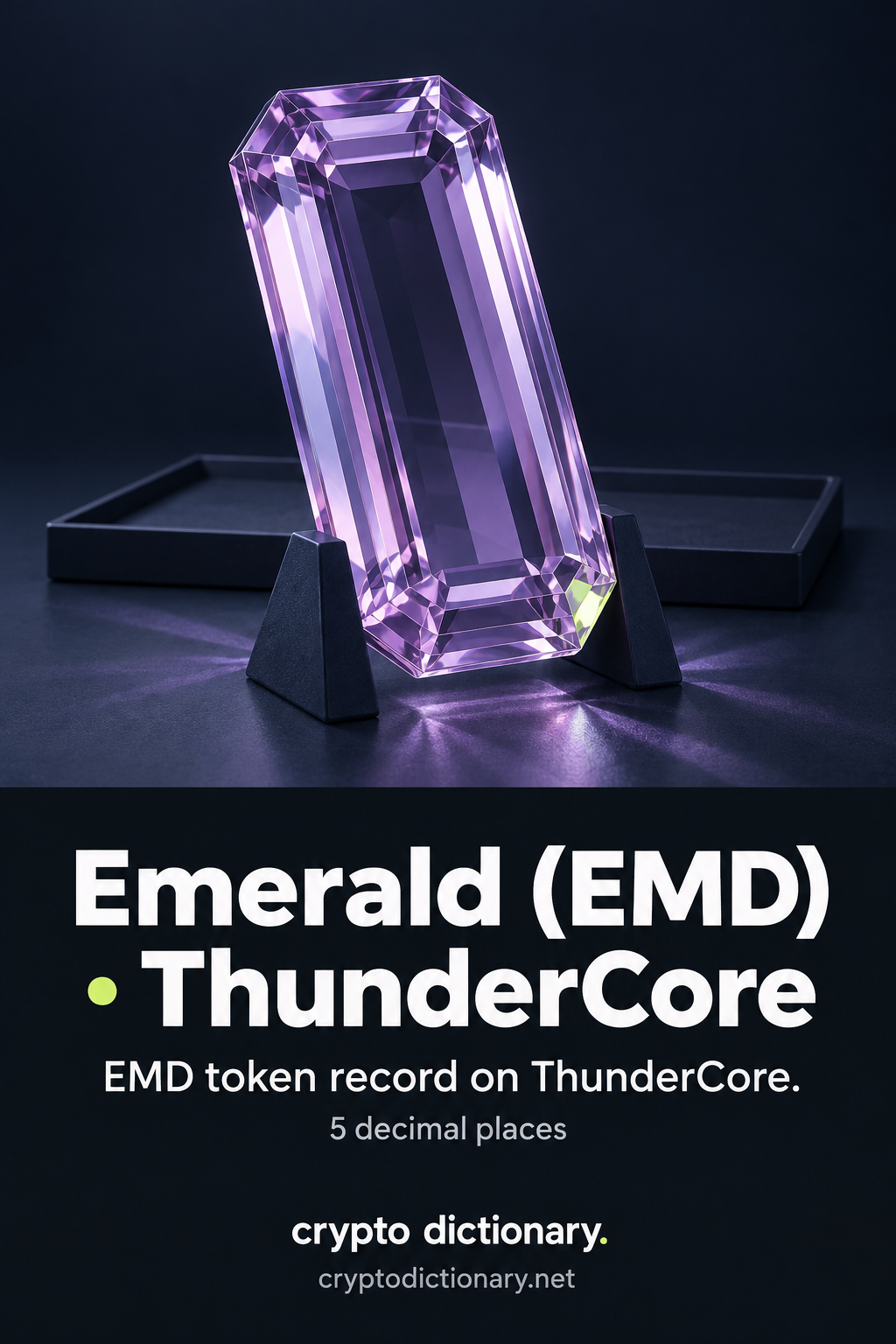 A tall lilac emerald-cut glass sculpture on two plain navy wedge supports above Emerald (EMD) · ThunderCore, its EMD registry caption and five decimal places.