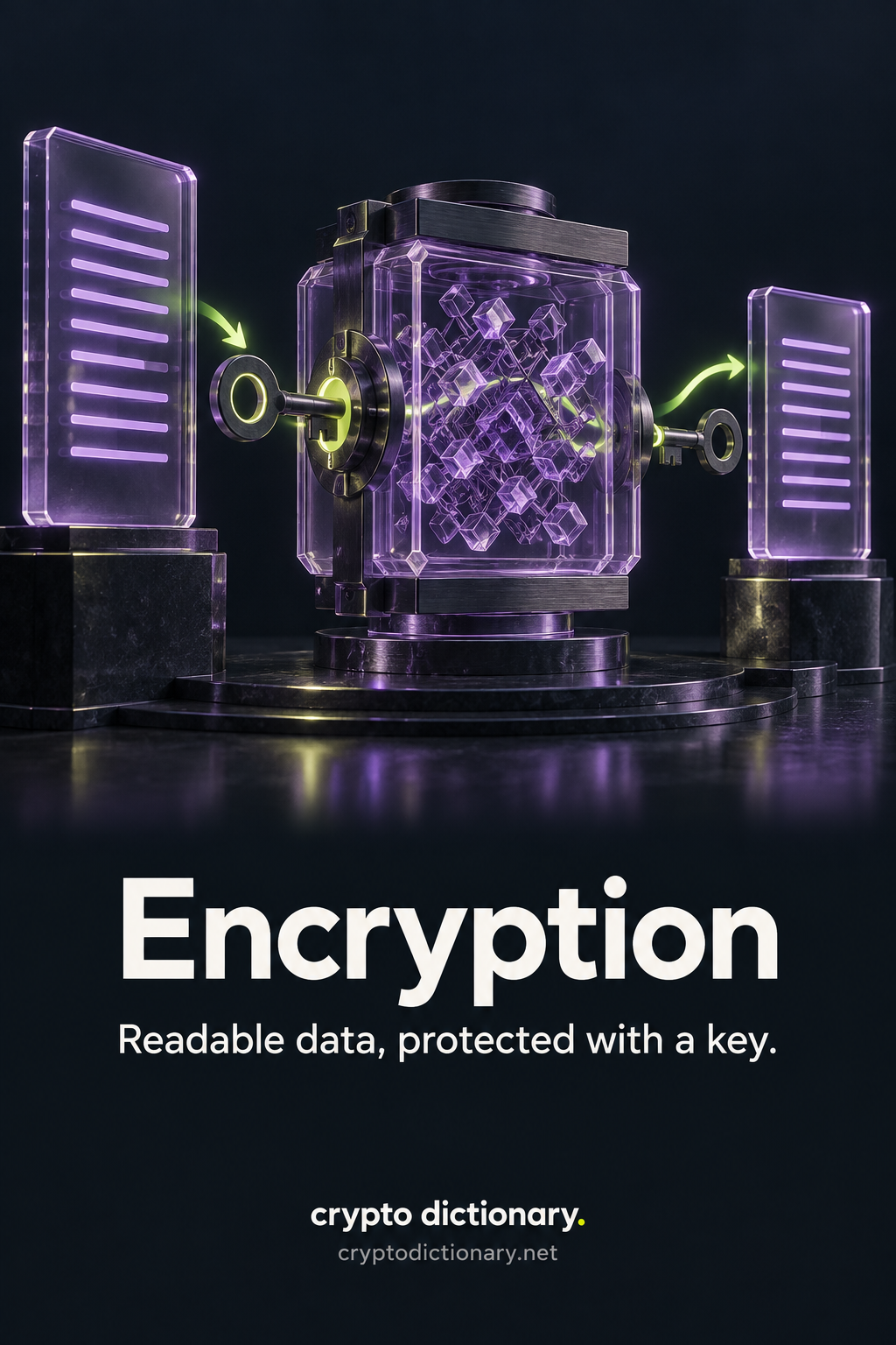Encryption: an orderly document enters a keyed crystal mechanism, becomes a scrambled lattice, and is recovered as an orderly document with a second key.
