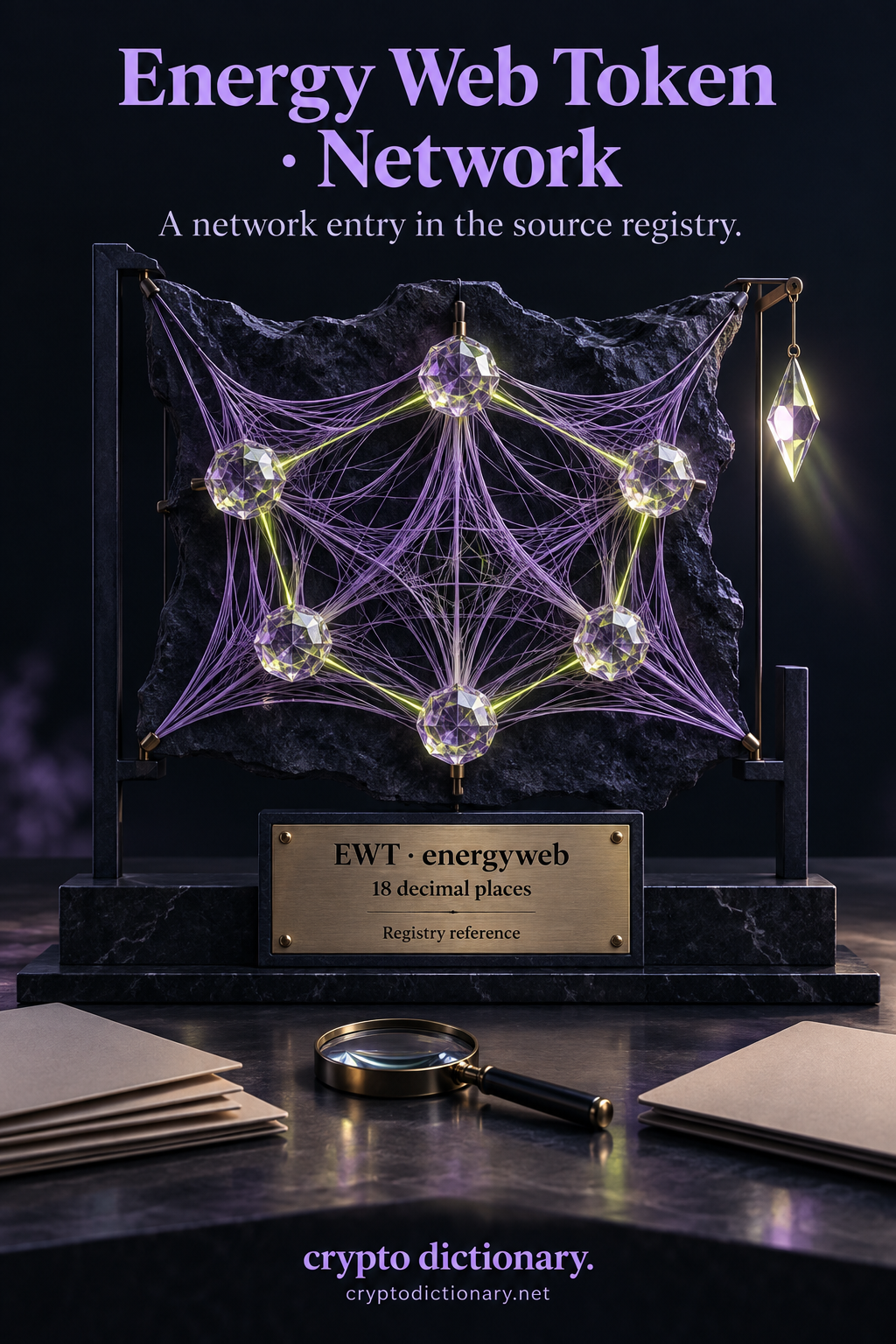 Energy Web Token network registry: a lilac woven thread web with faceted connected weights rests on a museum conservation frame above EWT, energyweb and eighteen decimal places.