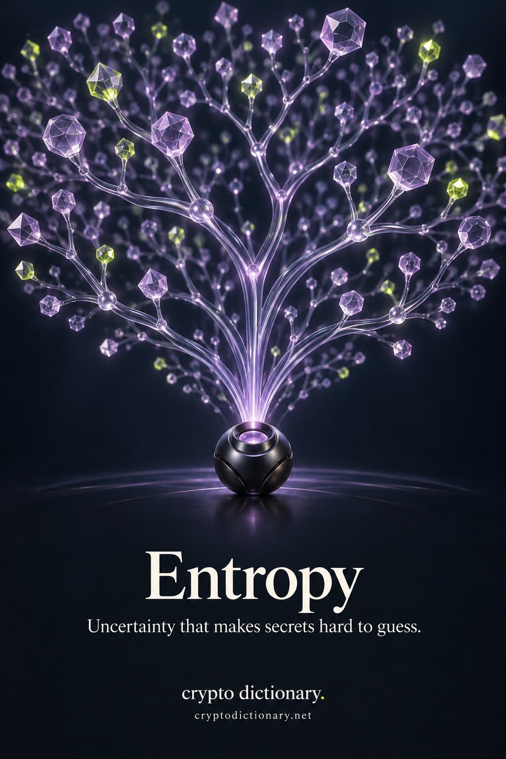 Entropy: a small observation aperture opens toward many branching, irregularly distributed glass possibilities, with no chosen secret marked.