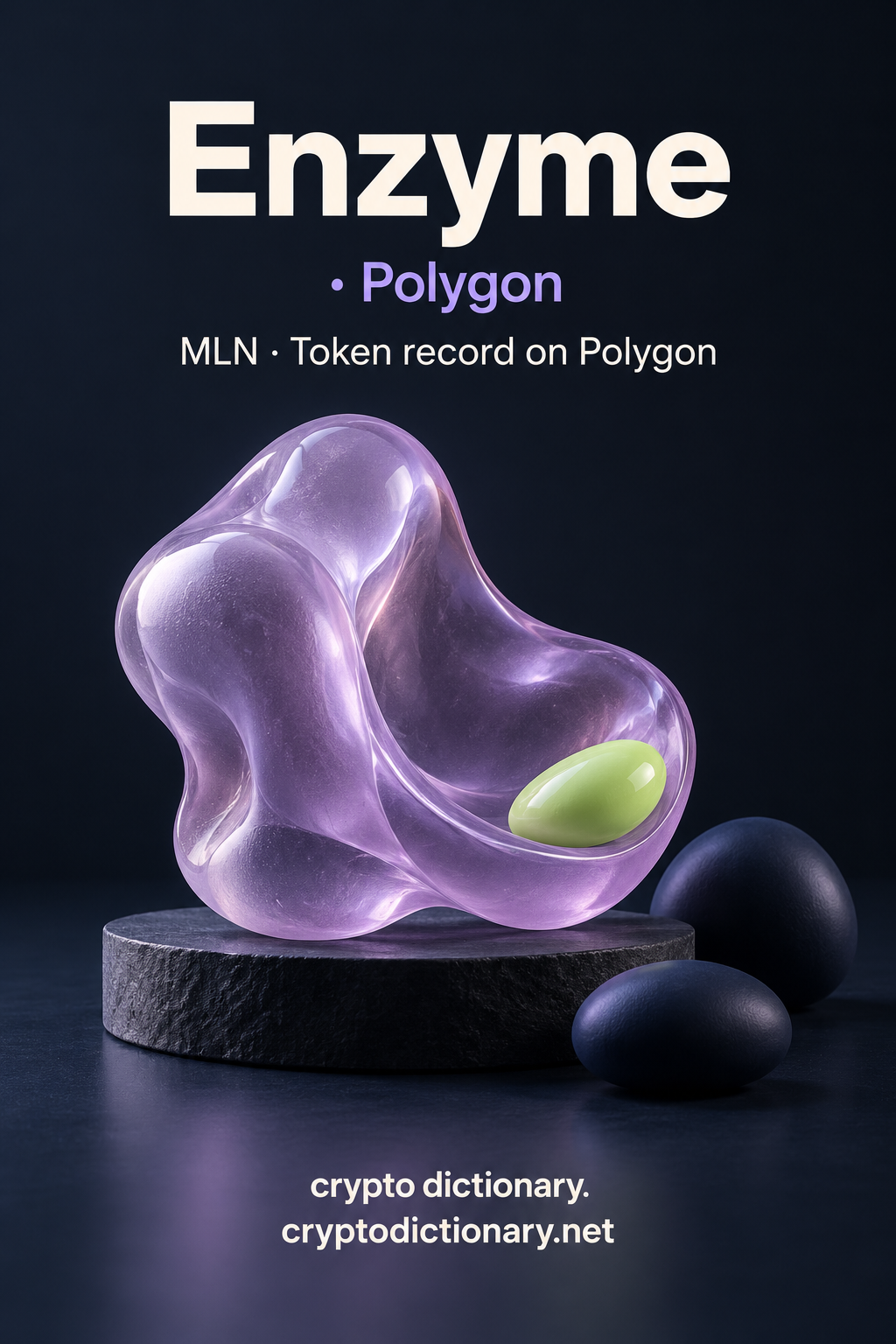 Enzyme on Polygon registry illustration with an abstract folded glass organic form and lime pebble.