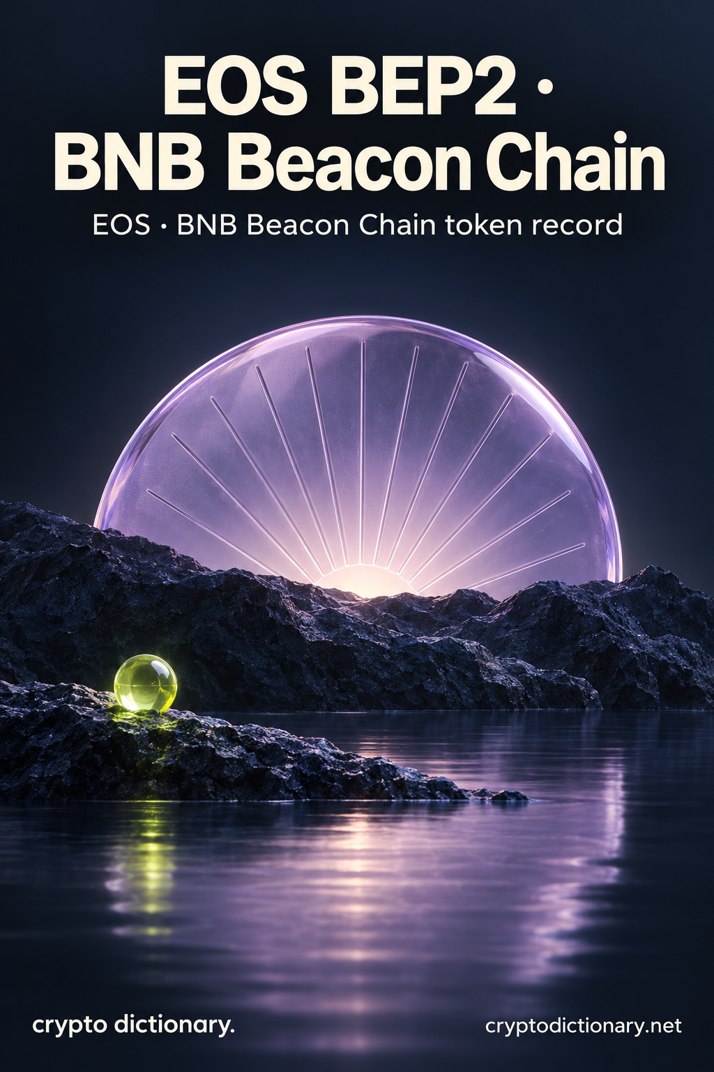 EOS BEP2 · BNB Beacon Chain — original lilac glass name-inspired sculpture with accurate EOS token record caption.
